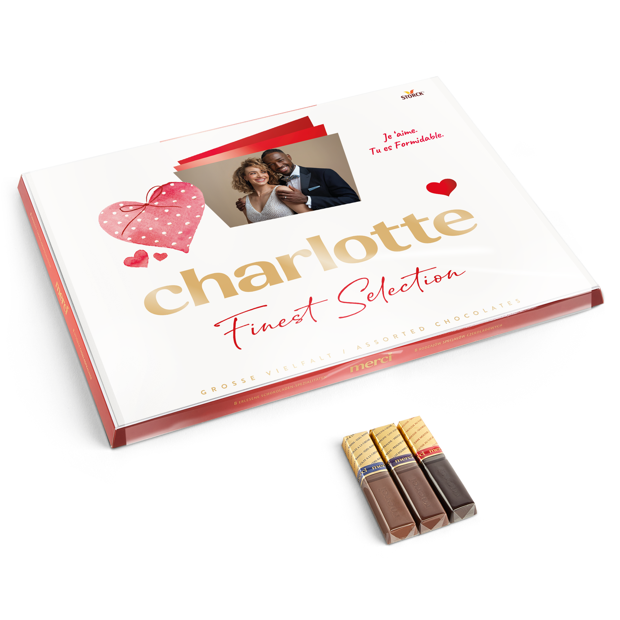 Mélange de chocolats Merci Finest Selection avec carte personnalisée 675 grammes imprimé avec la photo d'un couple et le prénom Charlotte