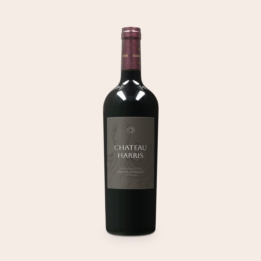 Personalised Wine - Salentein Merlot A bottle of Salentein Merlot wine with a custom photo and text label. The label reads "Chateau Harris" with an octopus design.