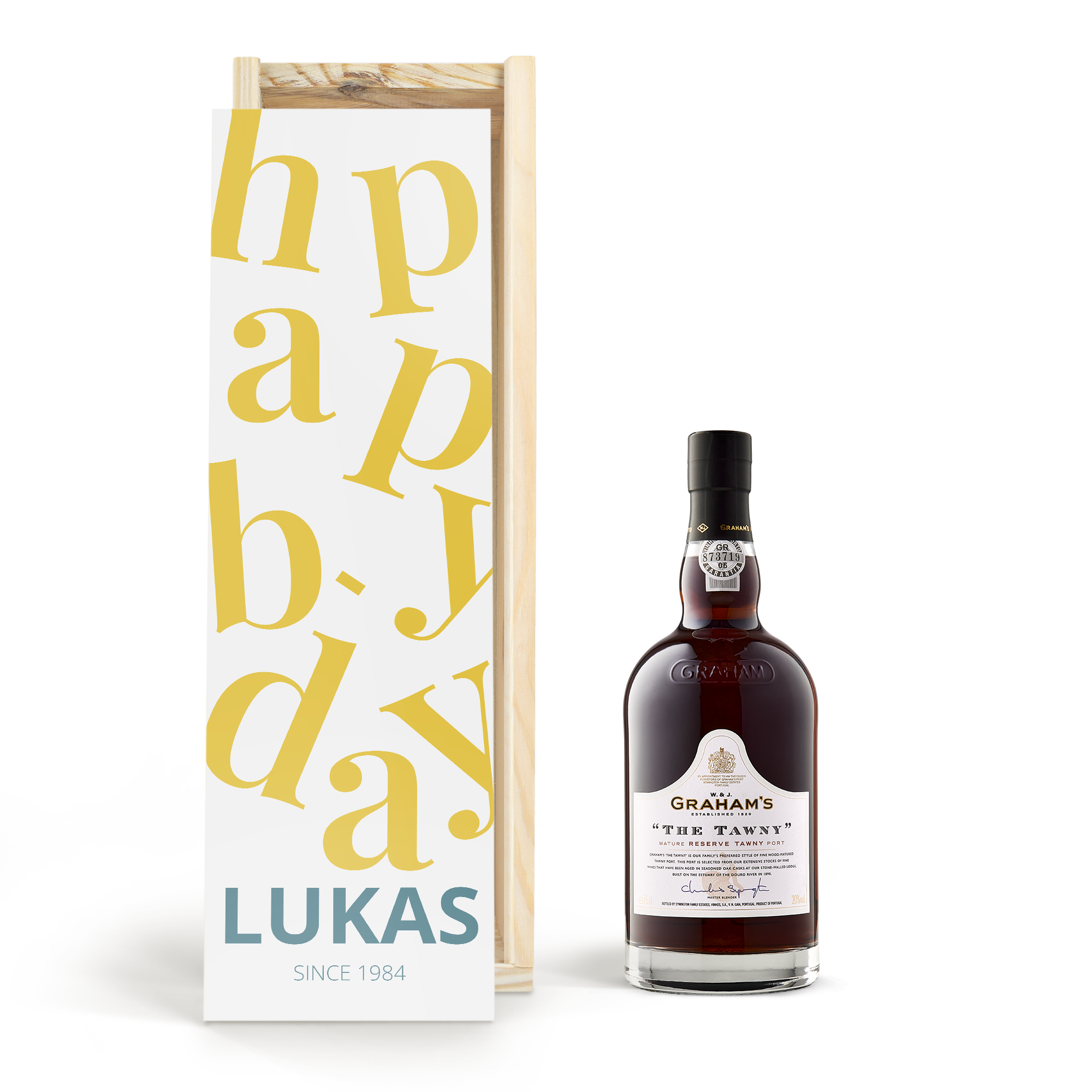 Flaska Grahams The Tawny Reserve i ett personligt fodral med texten "Happy birthday Lukas since 1984" tryckt.