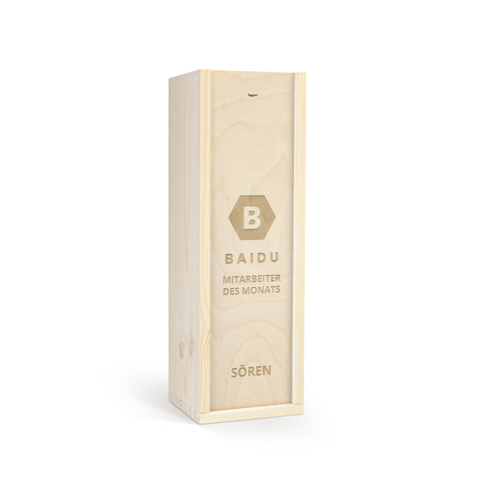 Personalisierte Holzkiste für Jameson Whisky, graviert mit dem Text Baidu Mitarbeiter des Monats und dem Namen Sören