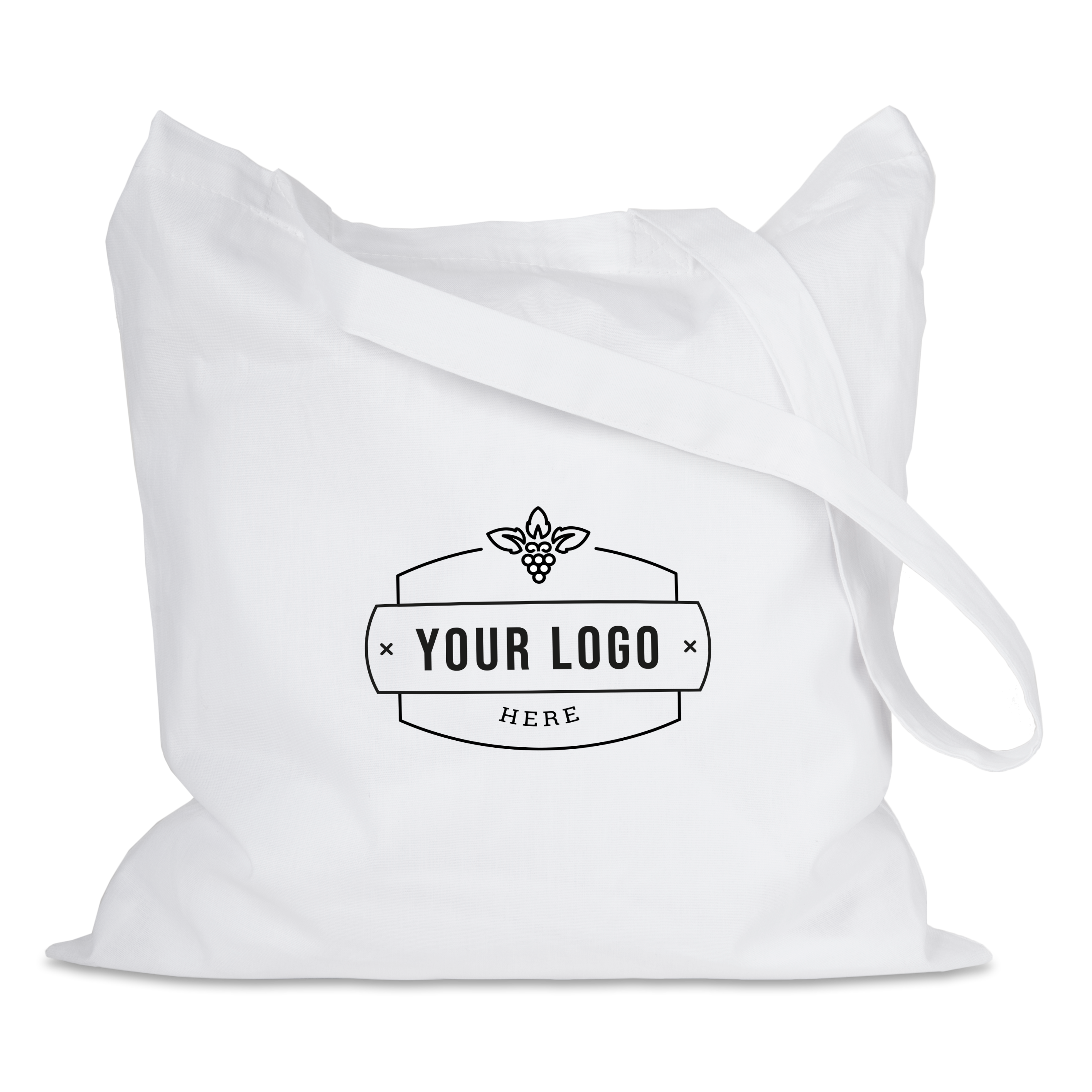 White personalized tote bag printed with a black "YOUR LOGO HERE" design