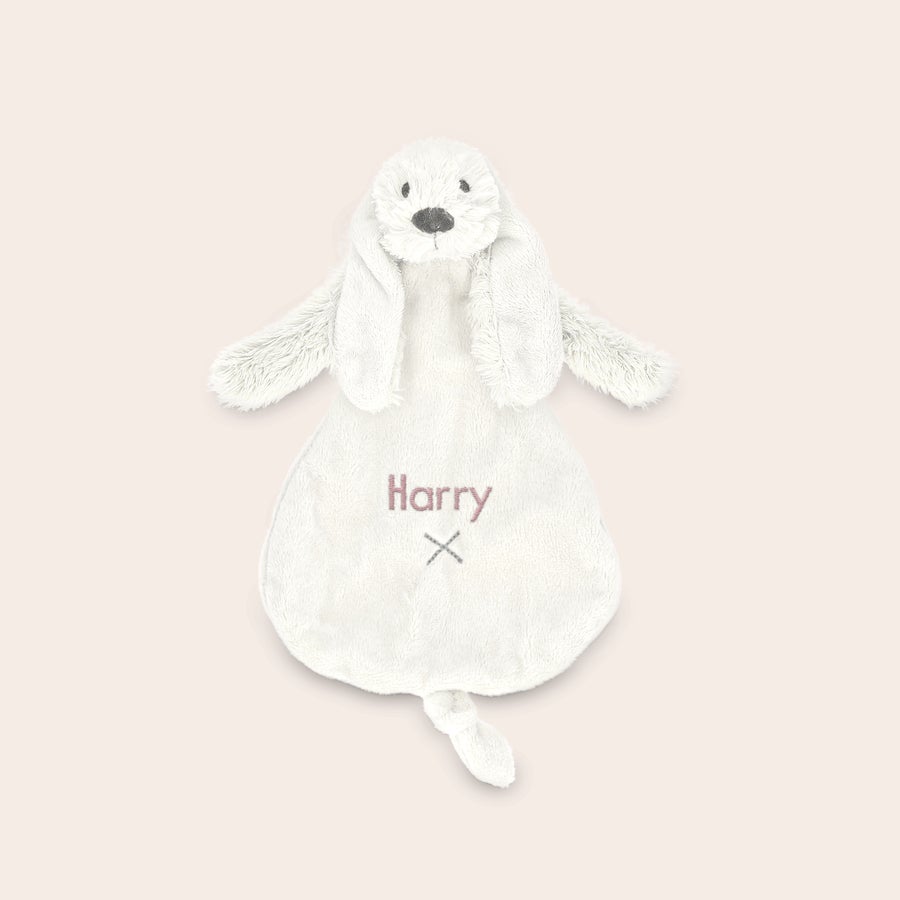DouDou personalizado para bebê DouDou Richie coelho branco bordado com o nome "Harry" em rosa para bebê