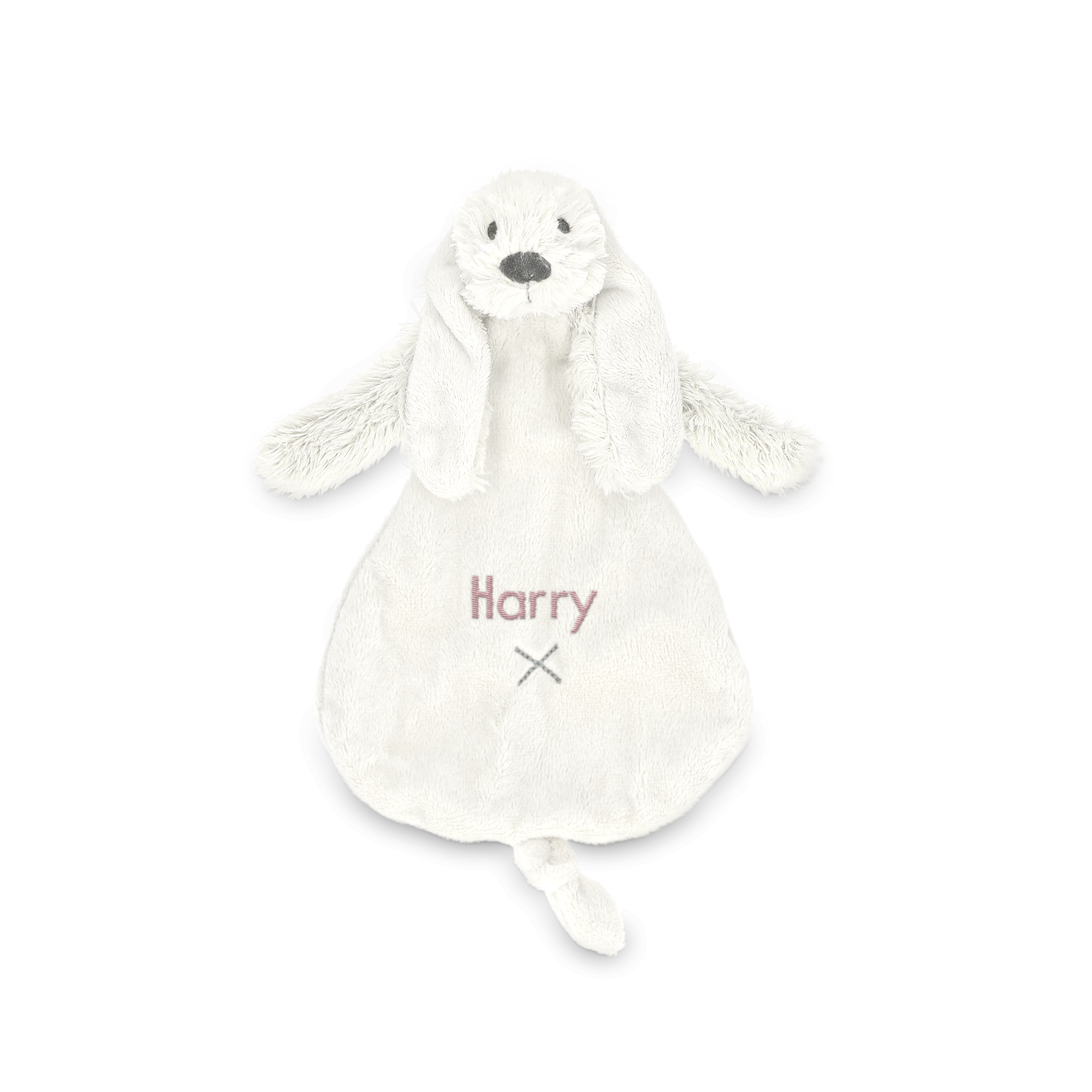 Soft white Rabbit Richie baby tuttle embroidered with the name Harry, perfect for a little one