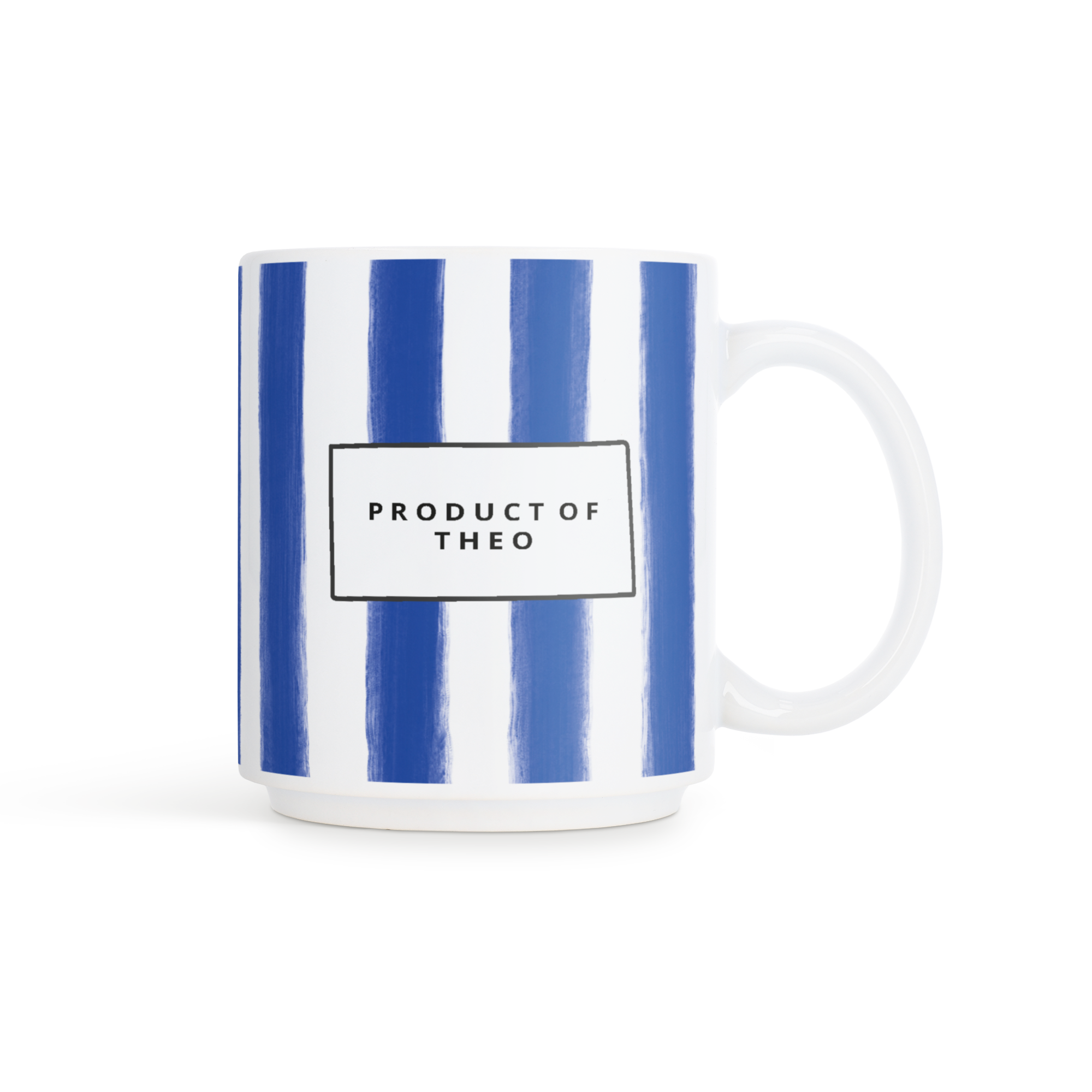 Caneca de foto empilhável personalizada com listras azuis, texto impresso Product of Theo. Torne cada bebida memorável com sua caneca de foto empilhável personalizada.
