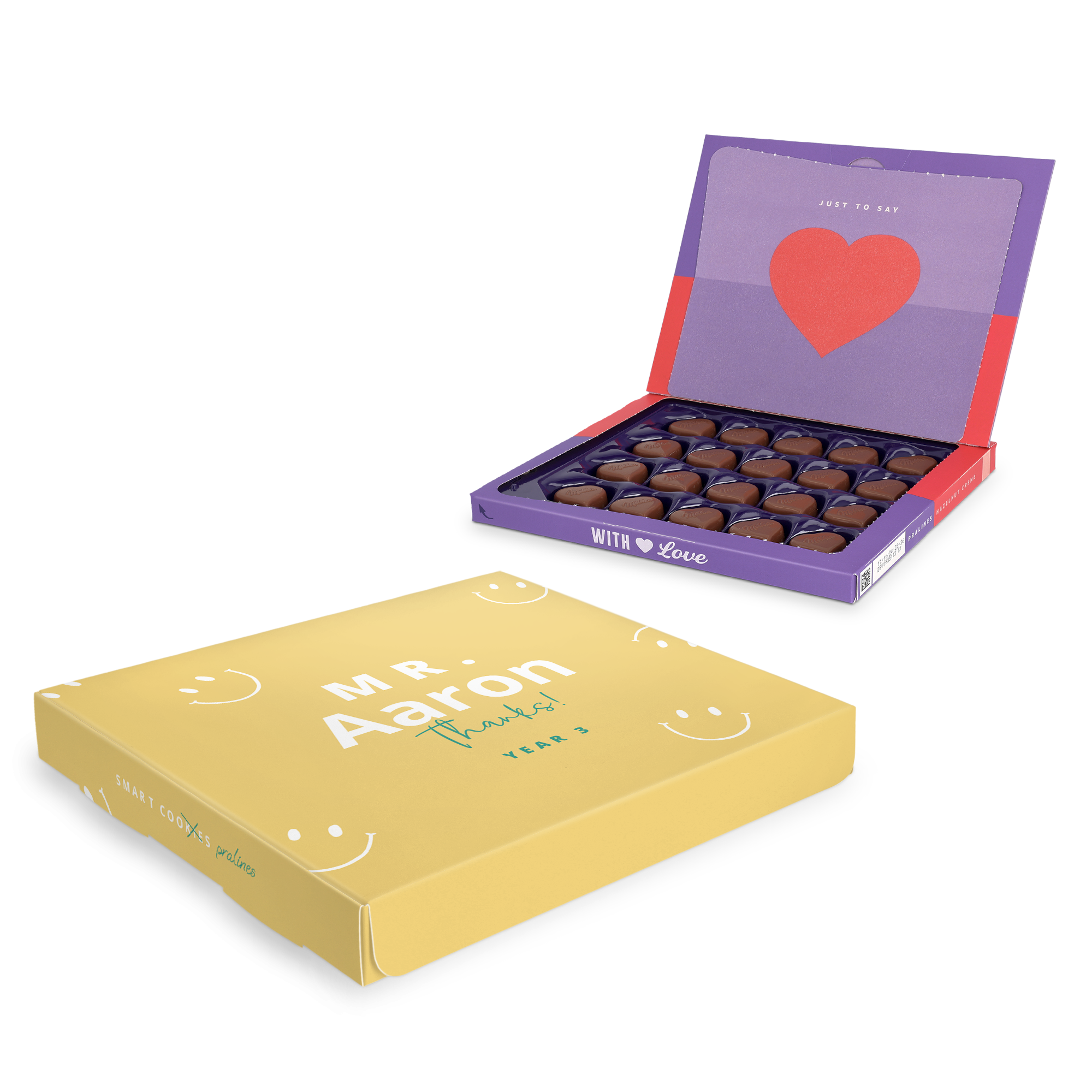 Personalizovaná darčeková krabička Milka s menom učiteľa Aaron a textom Thanks! Year 3