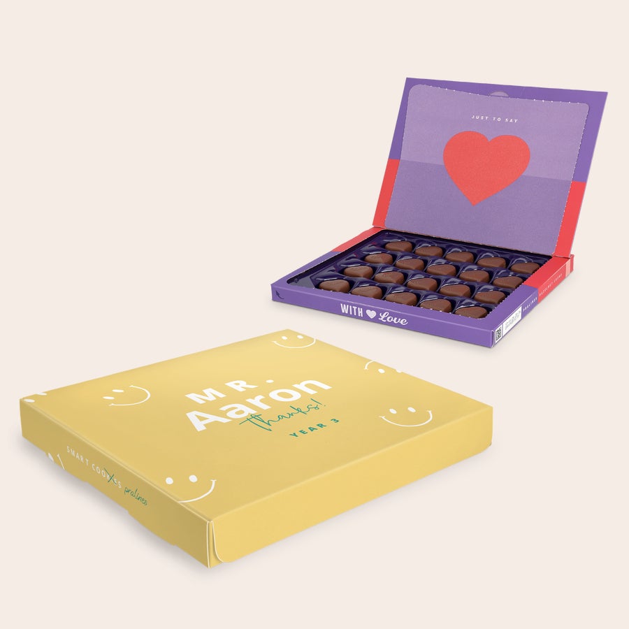 Milka Pralinky Pre učiteľa Personalizovaná darčeková krabička Milka s menom učiteľa Aaron a textom Thanks! Year 3