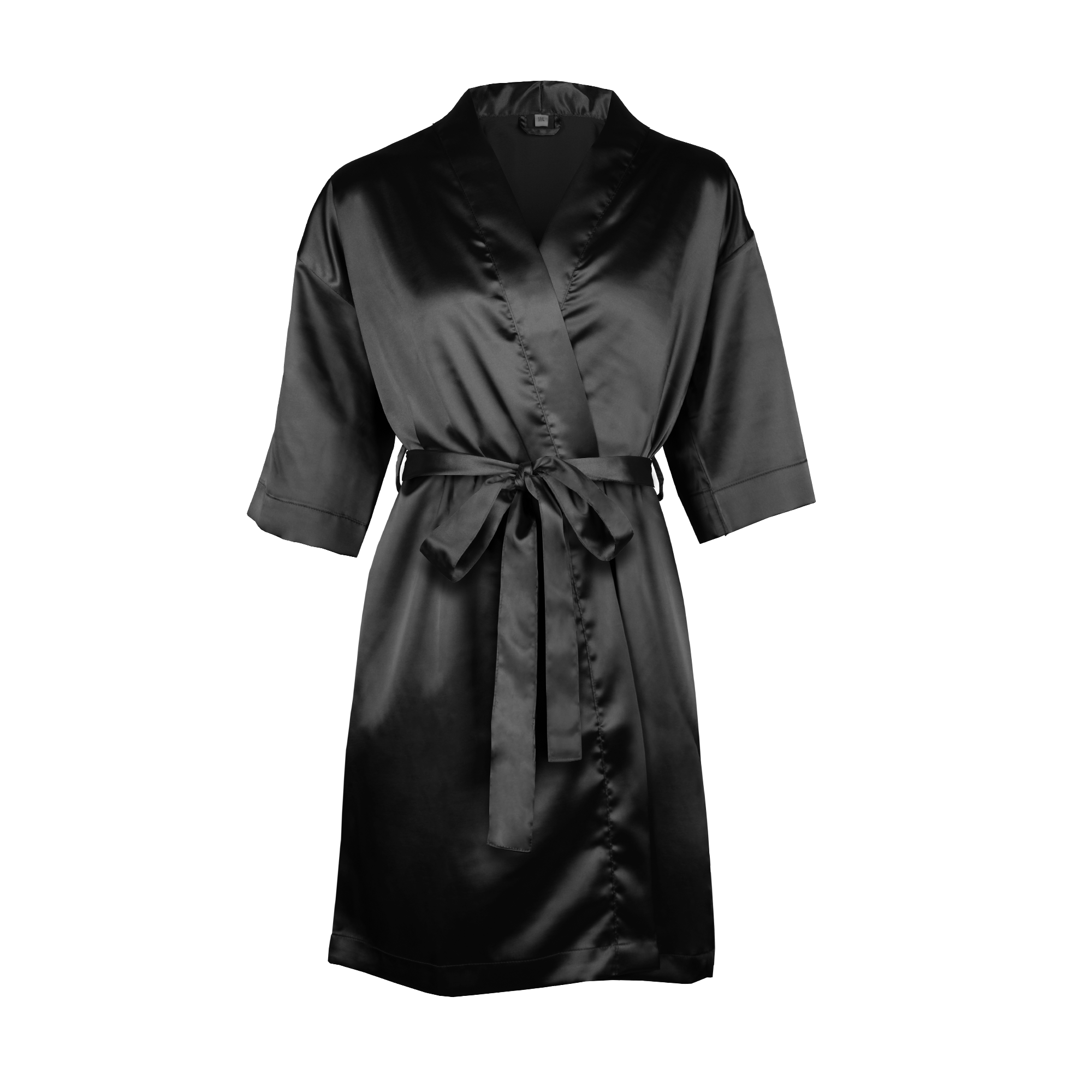 Kimono negru din satin cu cordon, personalizat prin imprimare cu text, logo sau fotografie pentru a surprinde pe cineva drag.