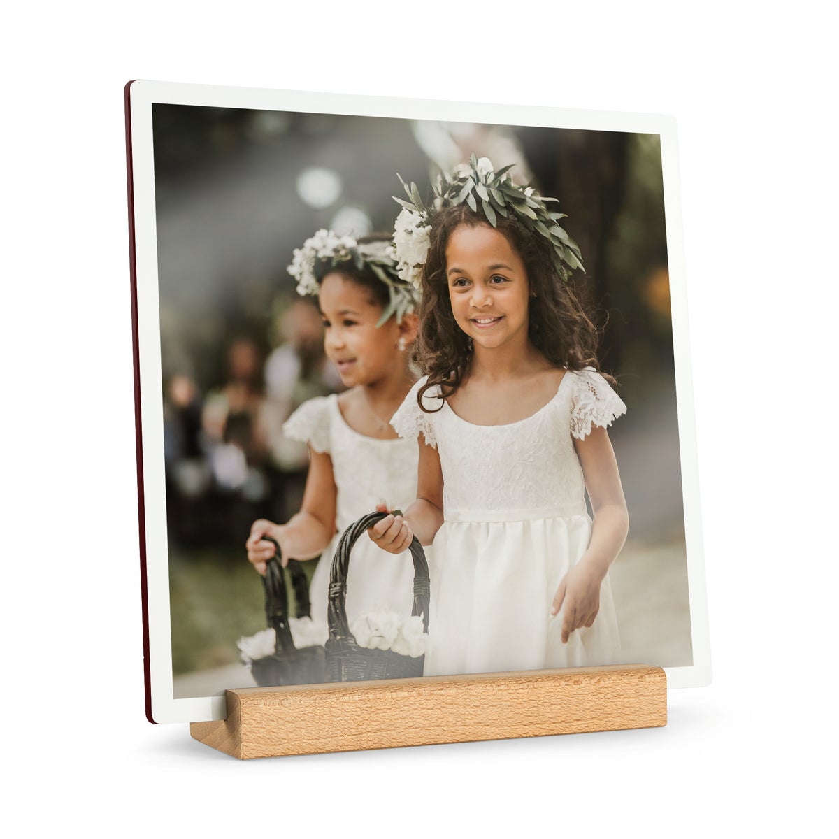 Drewniana pytka fotograficzna z nadrukiem i podstawk - kwadratowa