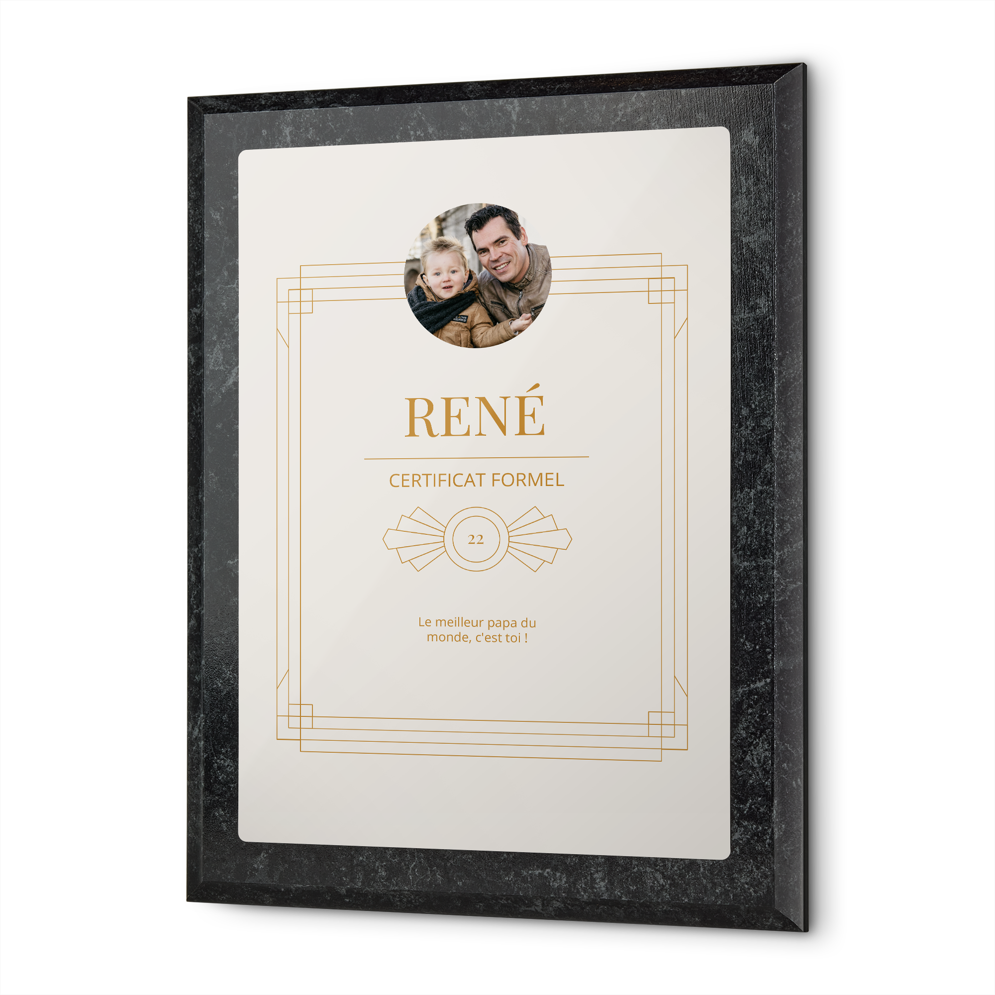 Diplôme personnalisé avec photo de père et enfant et texte René le meilleur papa du monde imprimé