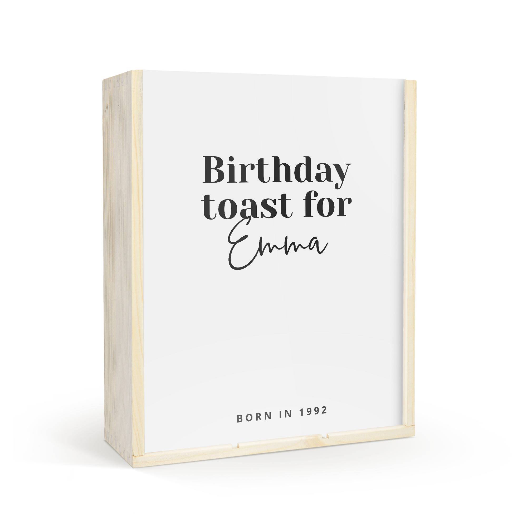 Personalized wooden wine gift set with printed Birthday toast for Emma and Born in 1992 text