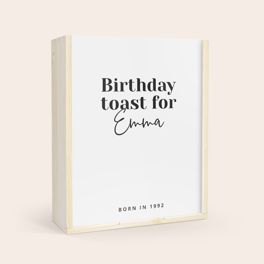 Personlig Salentein Malbec Zestaw prezentowy Salentein Malbec z kieliszkami w drewnianej skrzynce z nadrukiem "Birthday toast for Emma born in 1992"