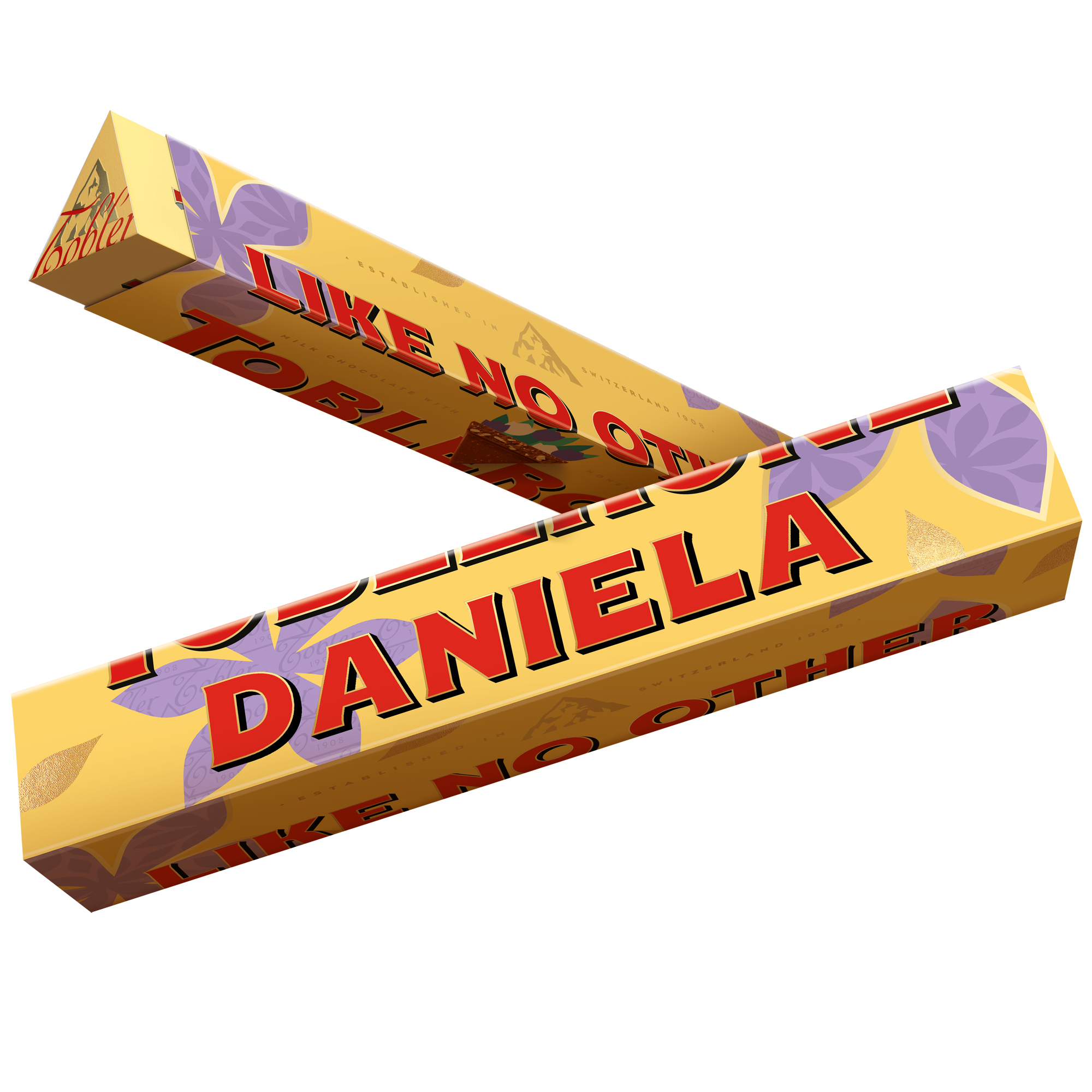 Personlig Toblerone-chokladkaka med namnet DANIELA tryckt på omslaget
