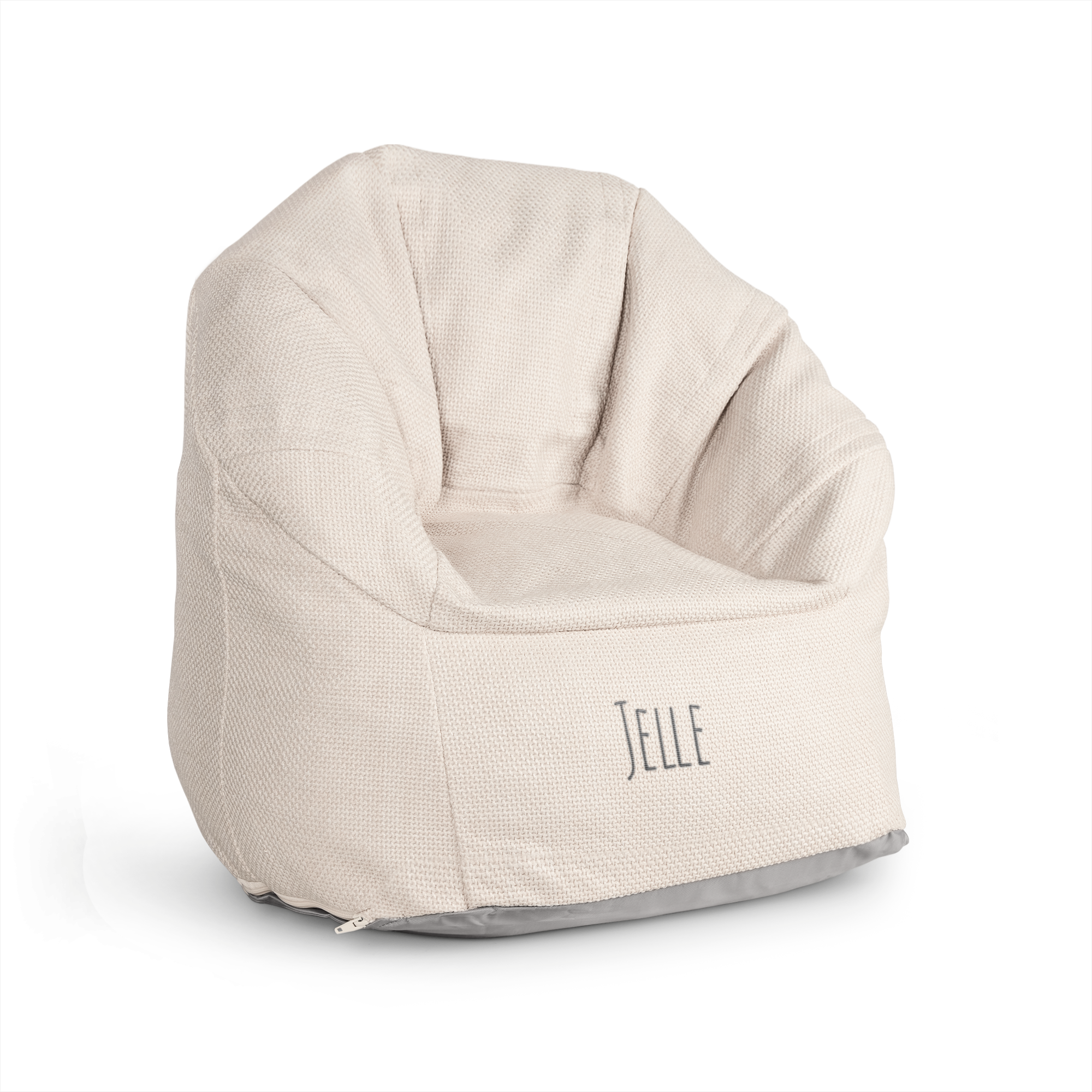 Crèmekleurige kinderstoel met de naam JELLE geborduurd, een toffe, hippe kinderstoel.