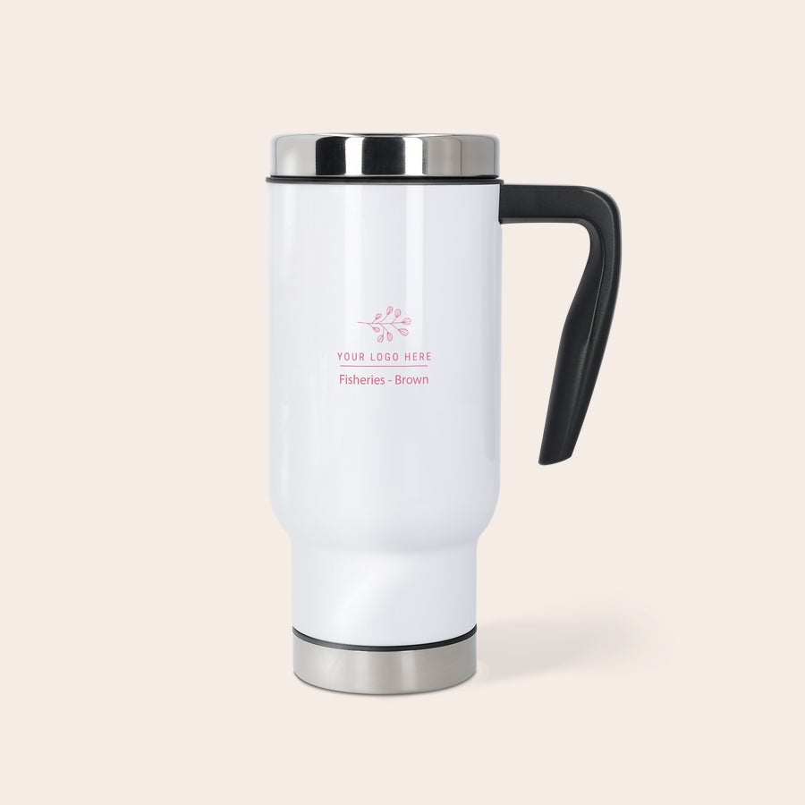 Cană termos Cană termică albă personalizată, imprimată cu model floral, textul "YOUR LOGO HERE Fisheries - Brown", capac metalic și mâner negru.