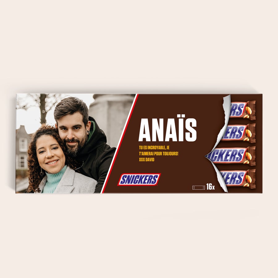 Méga Snickers personnalisé Méga Snickers personnalisé imprimé avec photo et nom Anaïs, message et 16 barres chocolat