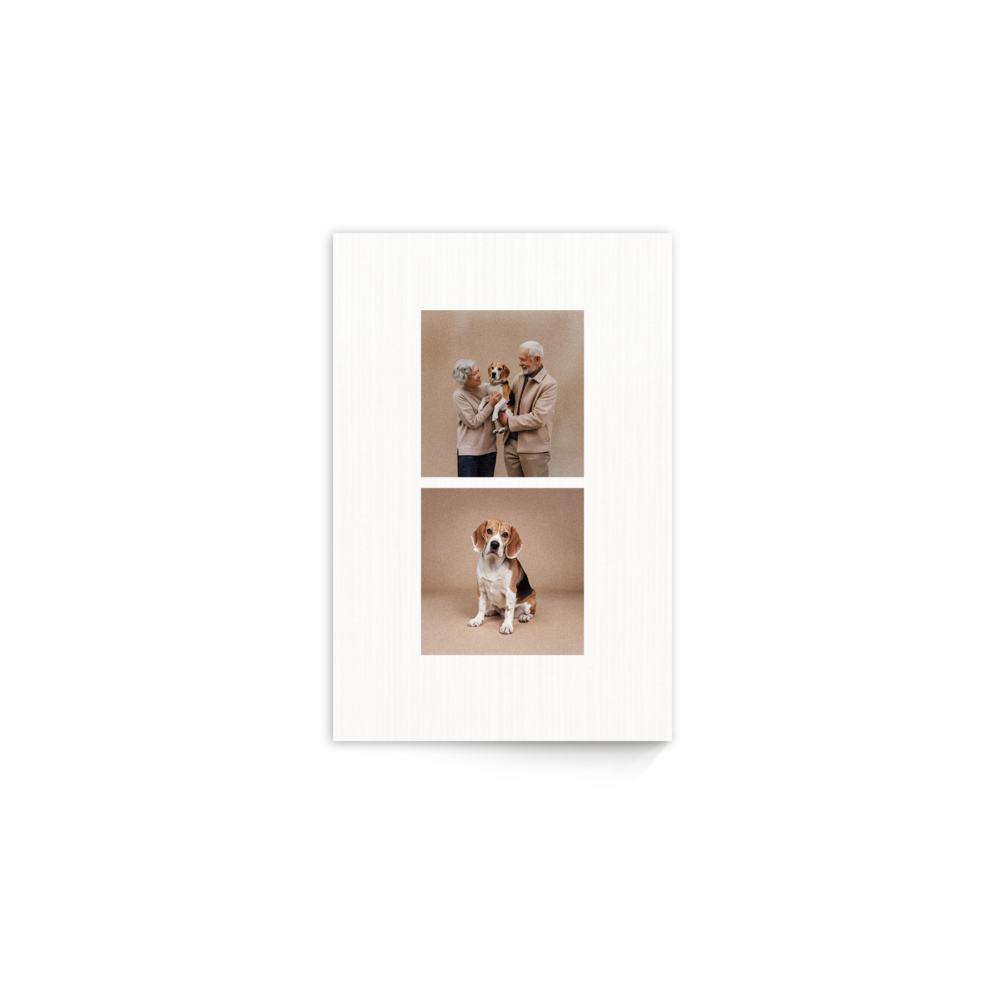 Foto på træ med to personlige billeder: et par med en hundehvalp og en beaglehund, printet på whitewash træ.