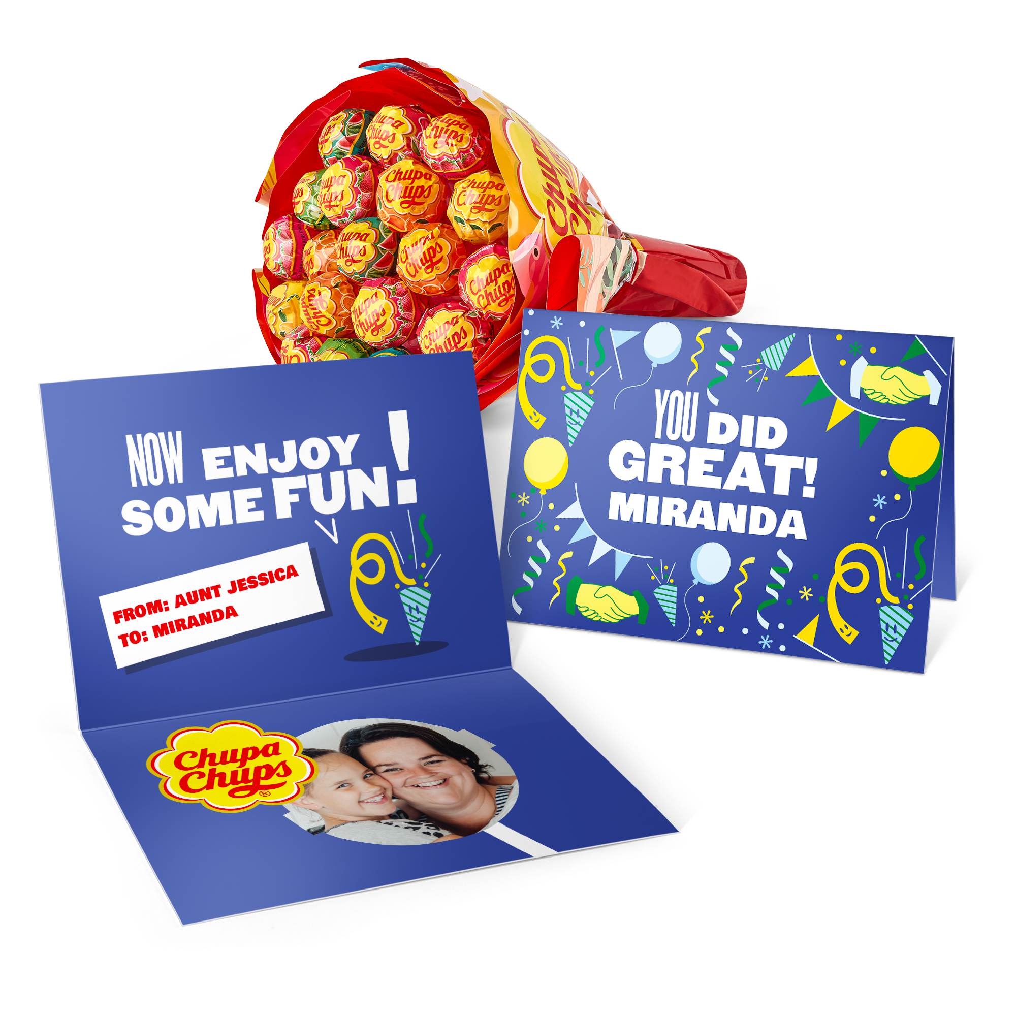 Personalizované lízátko Chupa Chups s přáníčkem vytištěným s fotkou Miranda a textem "You did great!"