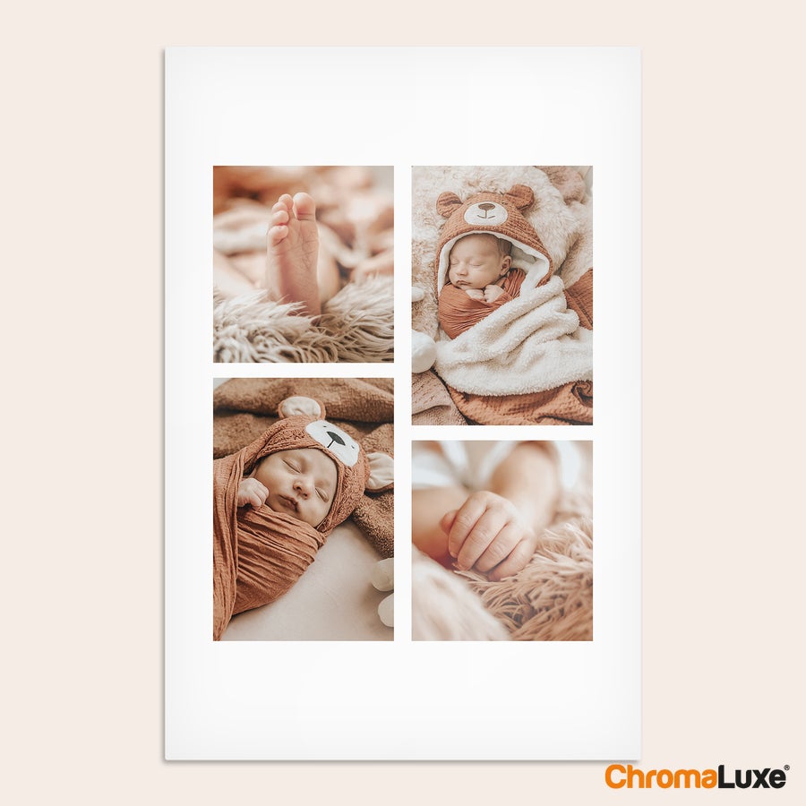Aluminium fotopanel Chromaluxe aluminium fotoprint med fire billeder af en sovende baby med bamsehætte, der viser fødder og hænder