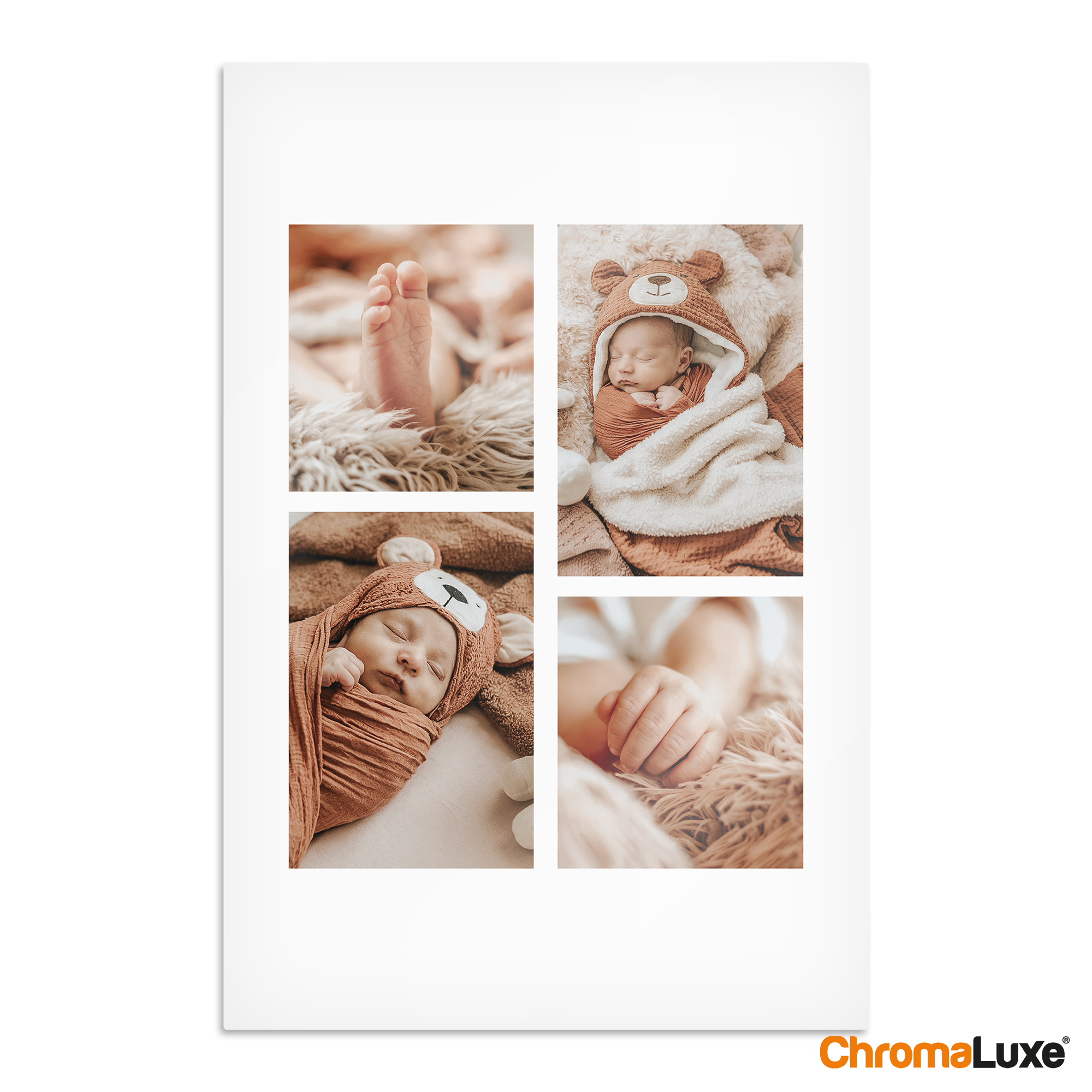 Fototafel mit vier Fotos eines Babys und Text bedruckt. Eine besondere Fototafel mit eigenem Foto und Text.