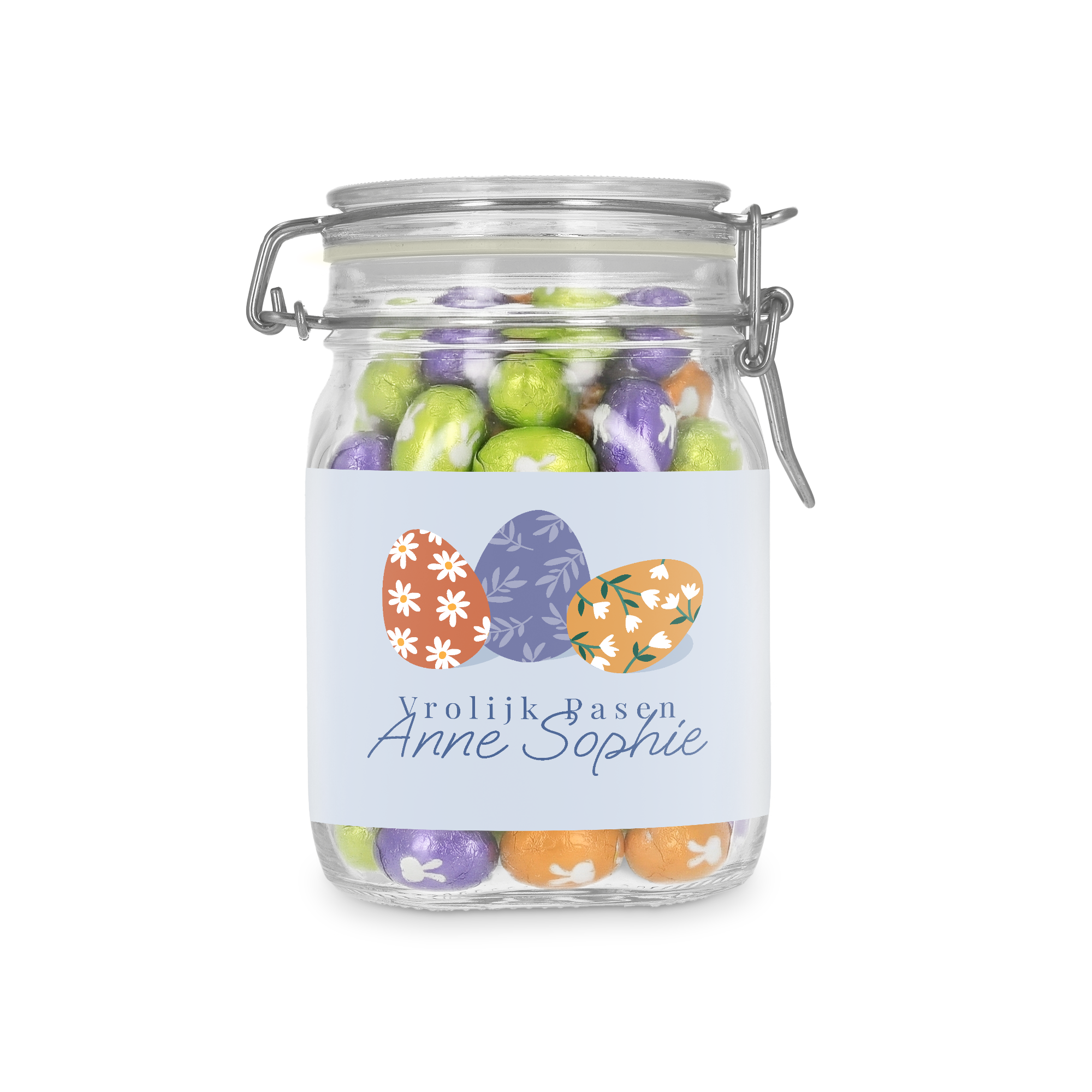 Chocolade paaseitjes in gepersonaliseerde pot - 1l met etiket "Vrolijk Pasen Anne Sophie" en paaseieren design.