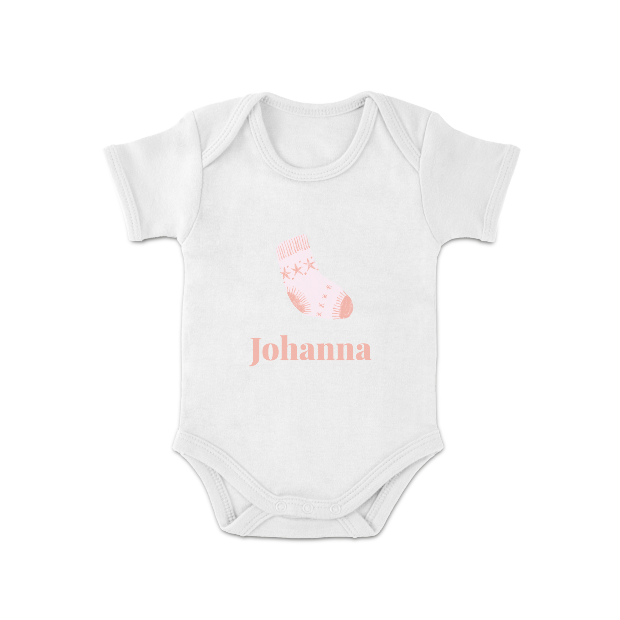Weißer Baby Body mit rosa Weihnachtssocke und Schriftzug Johanna, personalisiert mit Text