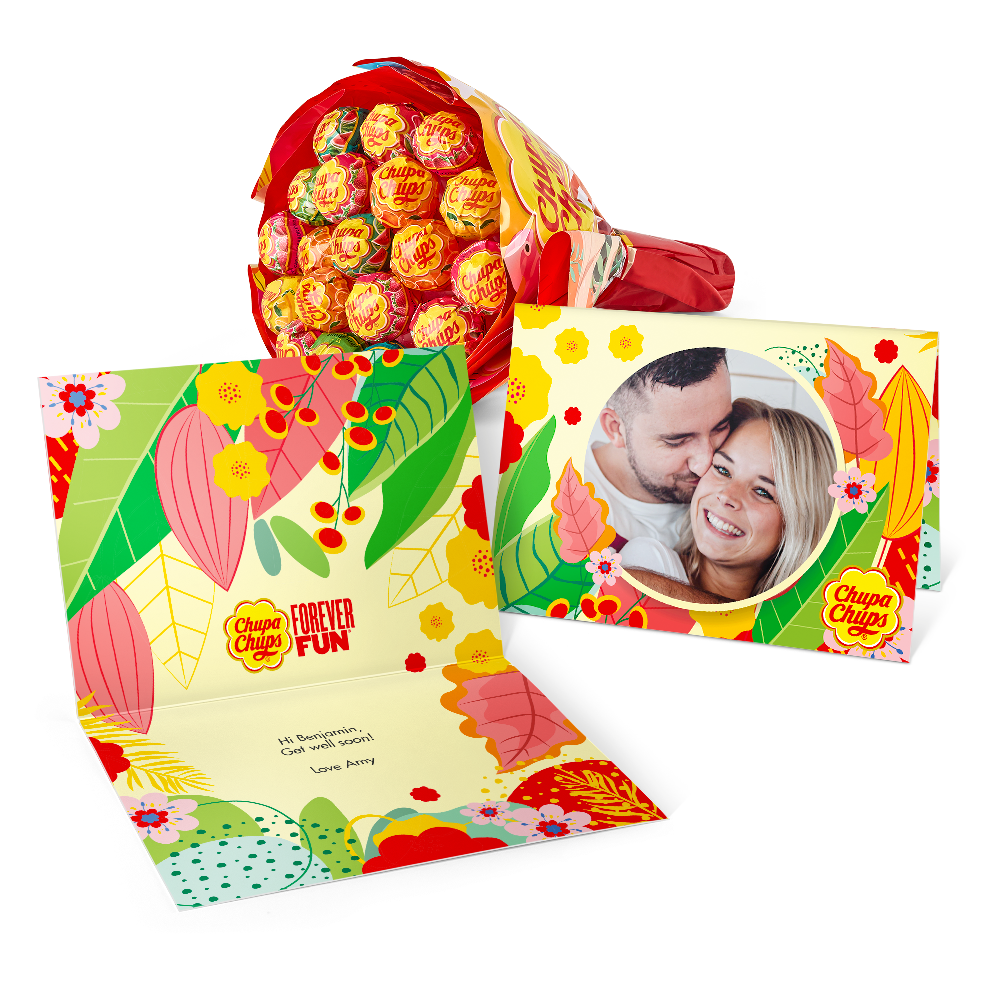 Buquê Chupa Chups com cartão de felicitações personalizado com foto e mensagem.