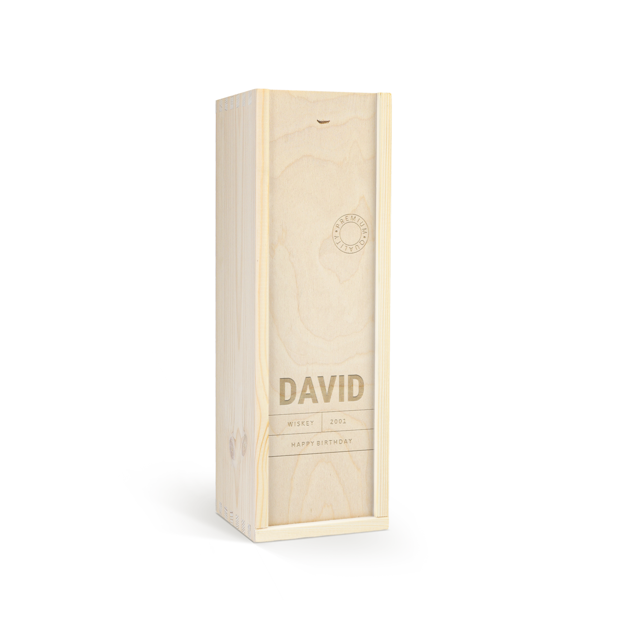 Caixa de madeira personalizada para uísque, com o nome "DAVID" gravado e mensagem "HAPPY BIRTHDAY". Surpreenda com uma deliciosa garrafa de uísque Jack Daniels única!