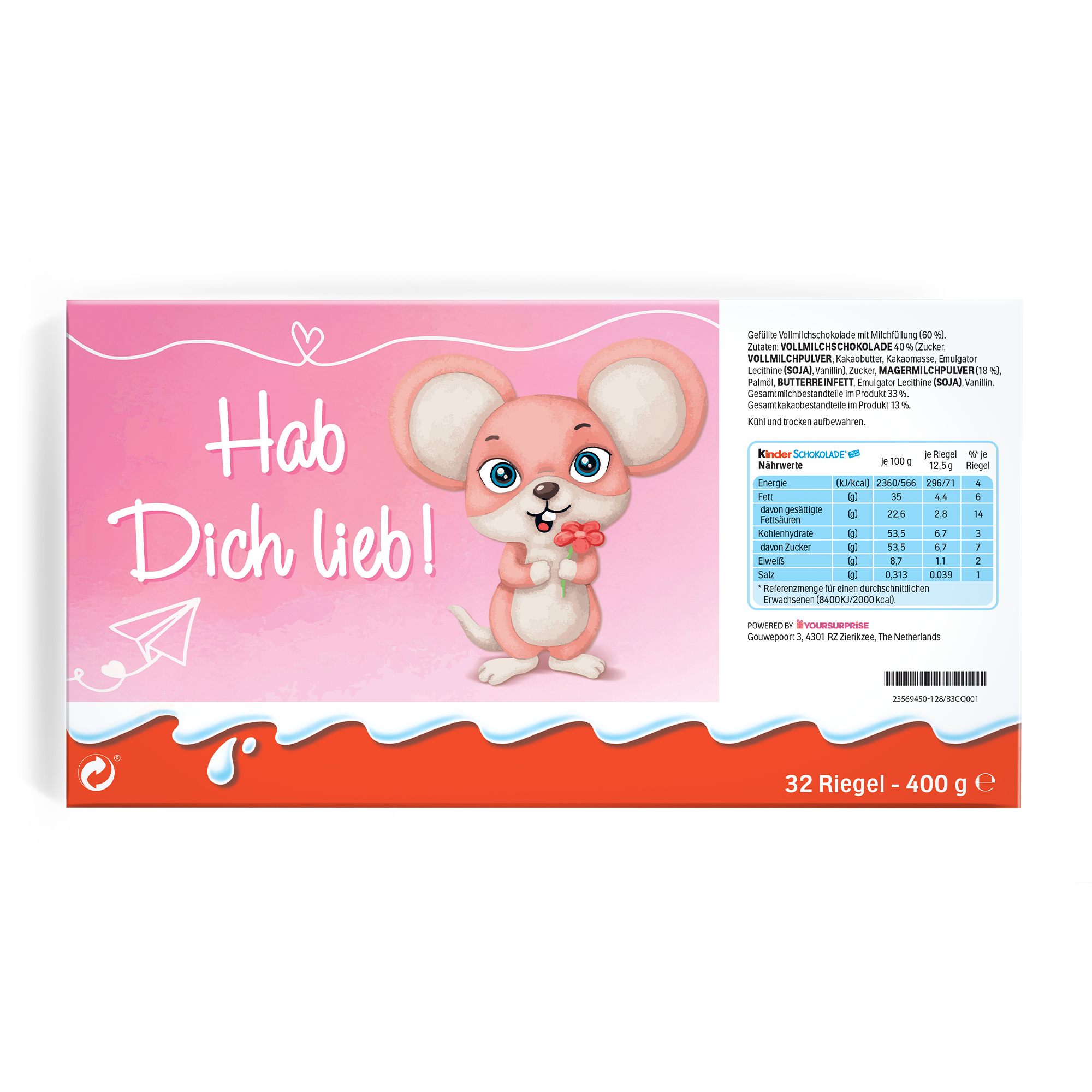 Mega kinder Schokolade mit Namen - 400 Gramm mit rosa Design und Maus, personalisierbar mit eigenem Text wie "Hab Dich lieb!".