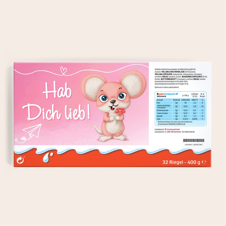 Mega kinder Schokolade mit Foto und Namen Mega kinder Schokolade mit Namen - 400 Gramm mit rosa Design und Maus, personalisierbar mit eigenem Text wie "Hab Dich lieb!".