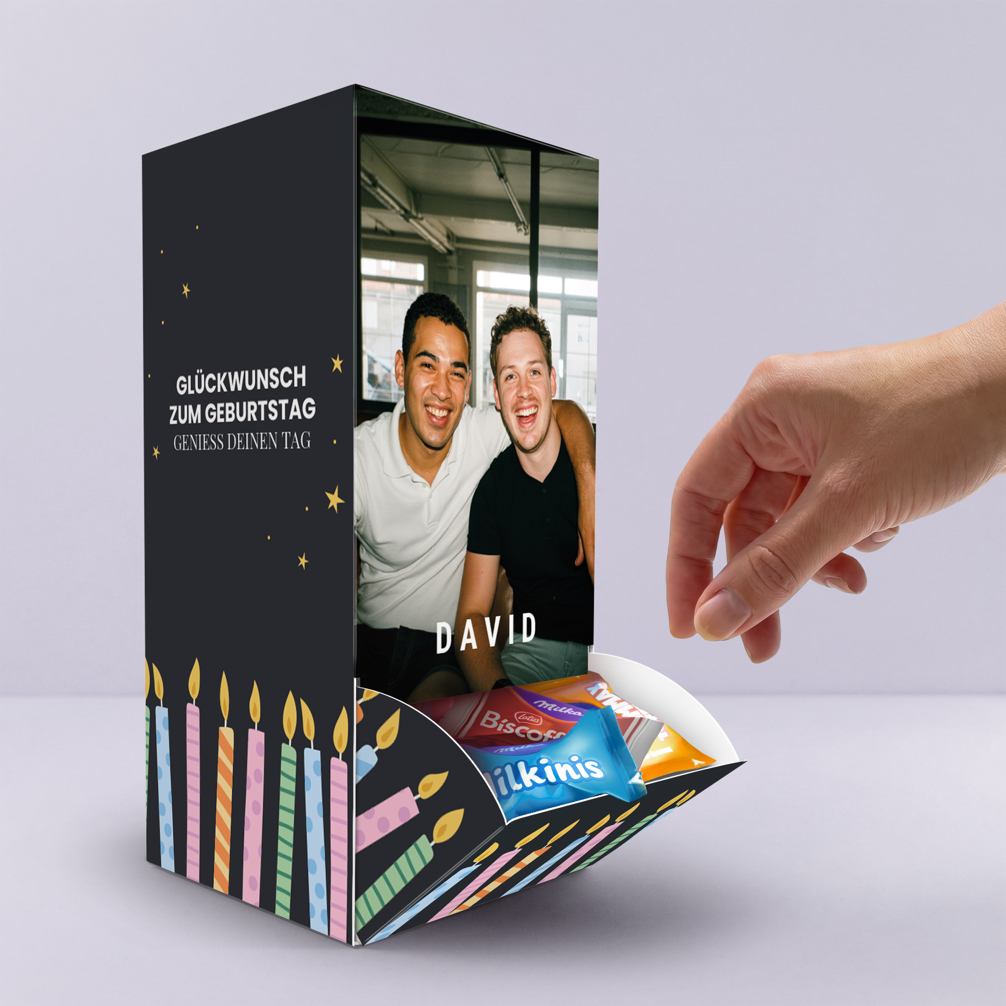 Personalisierter Schokoladenspender mit Milka Favourites bedruckt mit einem eigenen Foto und Namen