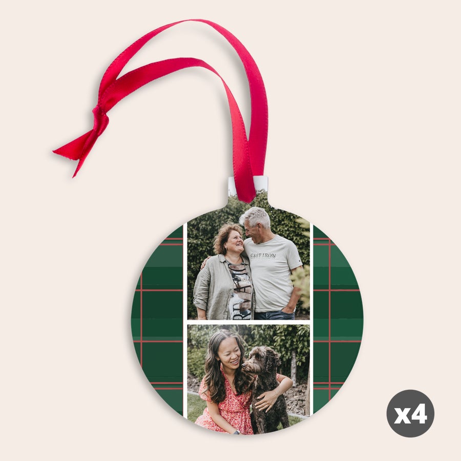 Decorațiuni de Crăciun - Inimă sau Stea Ornament de Crăciun personalizat din aluminiu cu fundal în carouri verzi, imprimat cu fotografiile tale