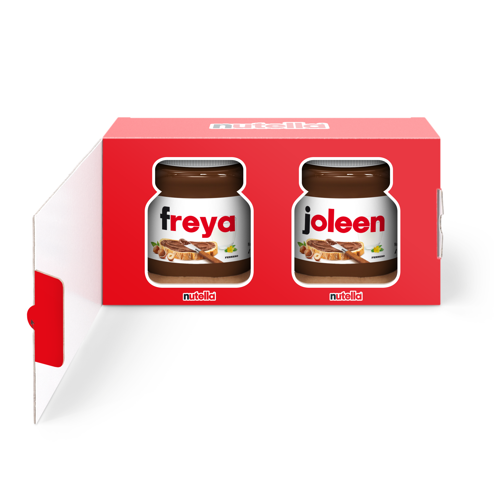 Ein nutella 2er-Set mit den Namen Freya und Joleen auf den Etiketten, personalisiert mit Namensdruck