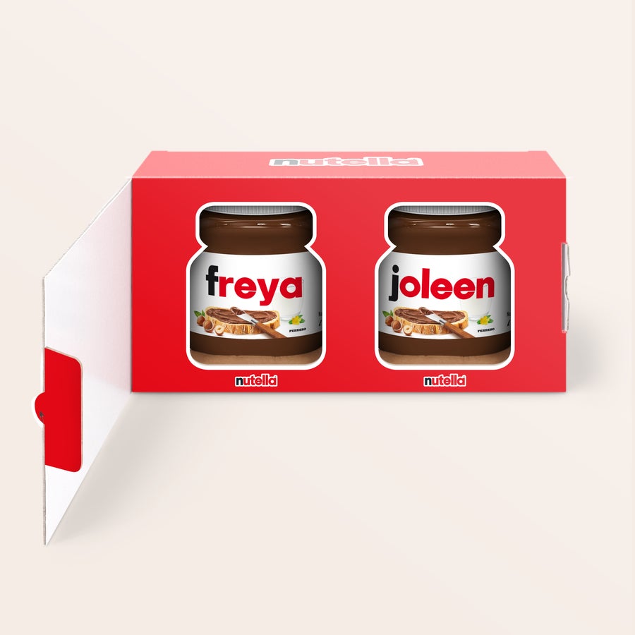 nutella® - 2er-Set Ein nutella 2er-Set mit den Namen Freya und Joleen auf den Etiketten, personalisiert mit Namensdruck