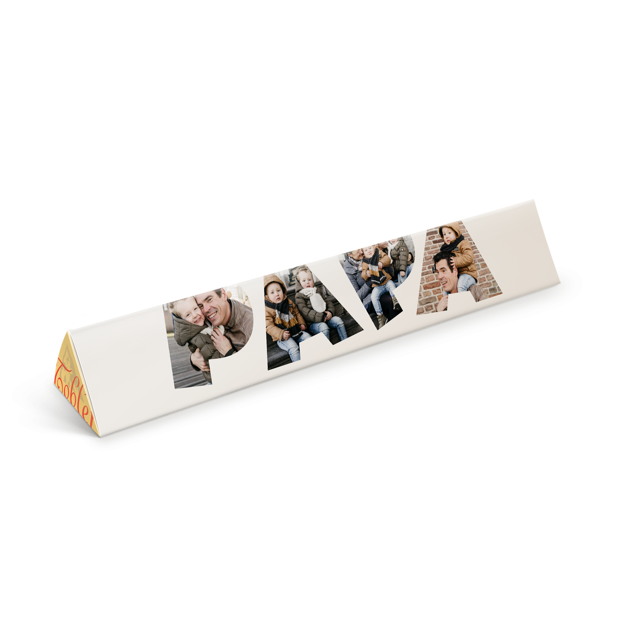 Personlig Toblerone sjokoladebar med «PAPA» trykt med egne bilder.