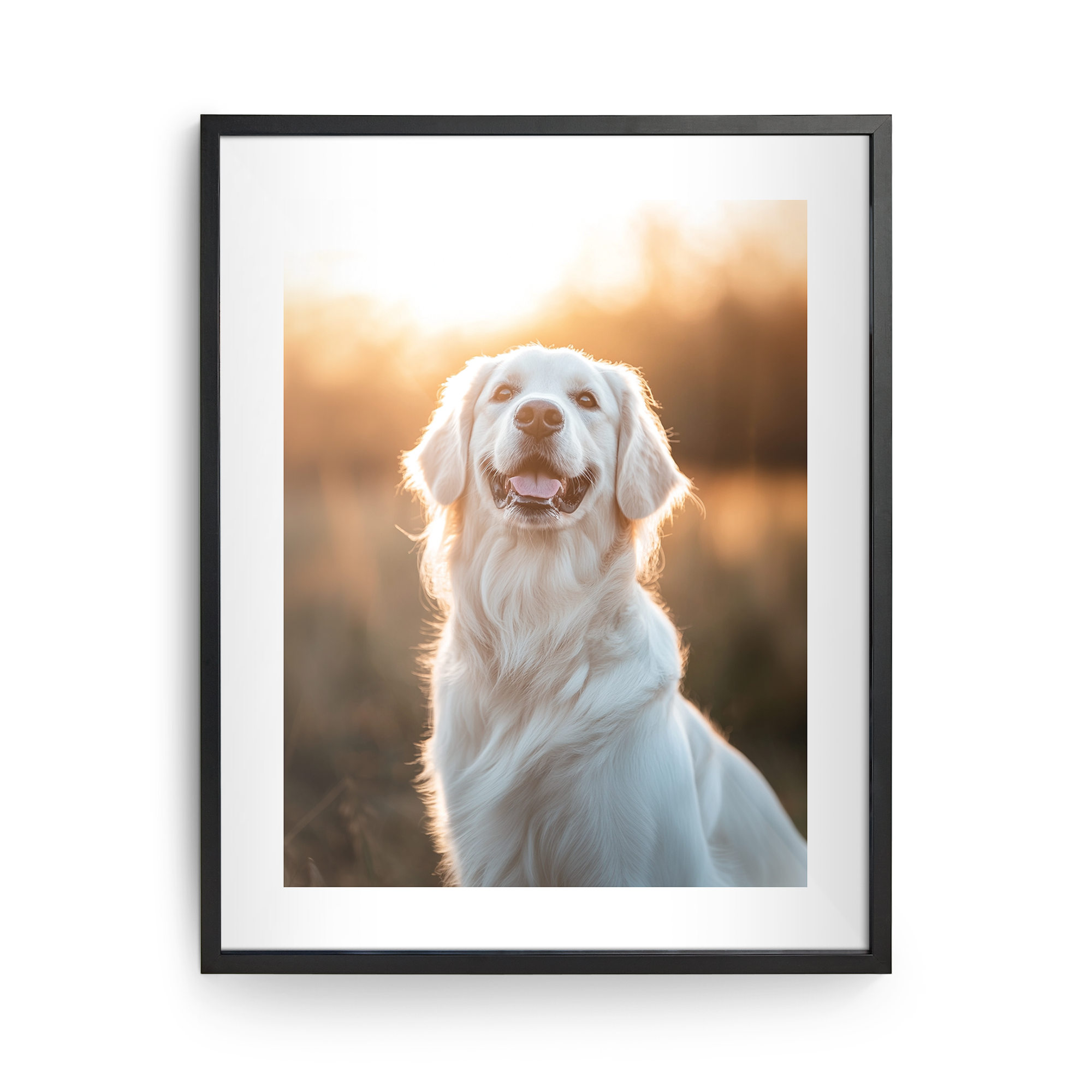 Póster personalizado con foto impresa de un golden retriever enmarcado en madera negra.