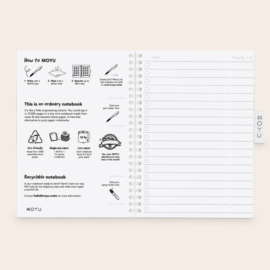 Caiet personalizat MOYU Erasable Caiet reștergibil MOYU personalizat cu instrucțiuni de utilizare și pagini tip agendă pentru creșterea luării de notițe.