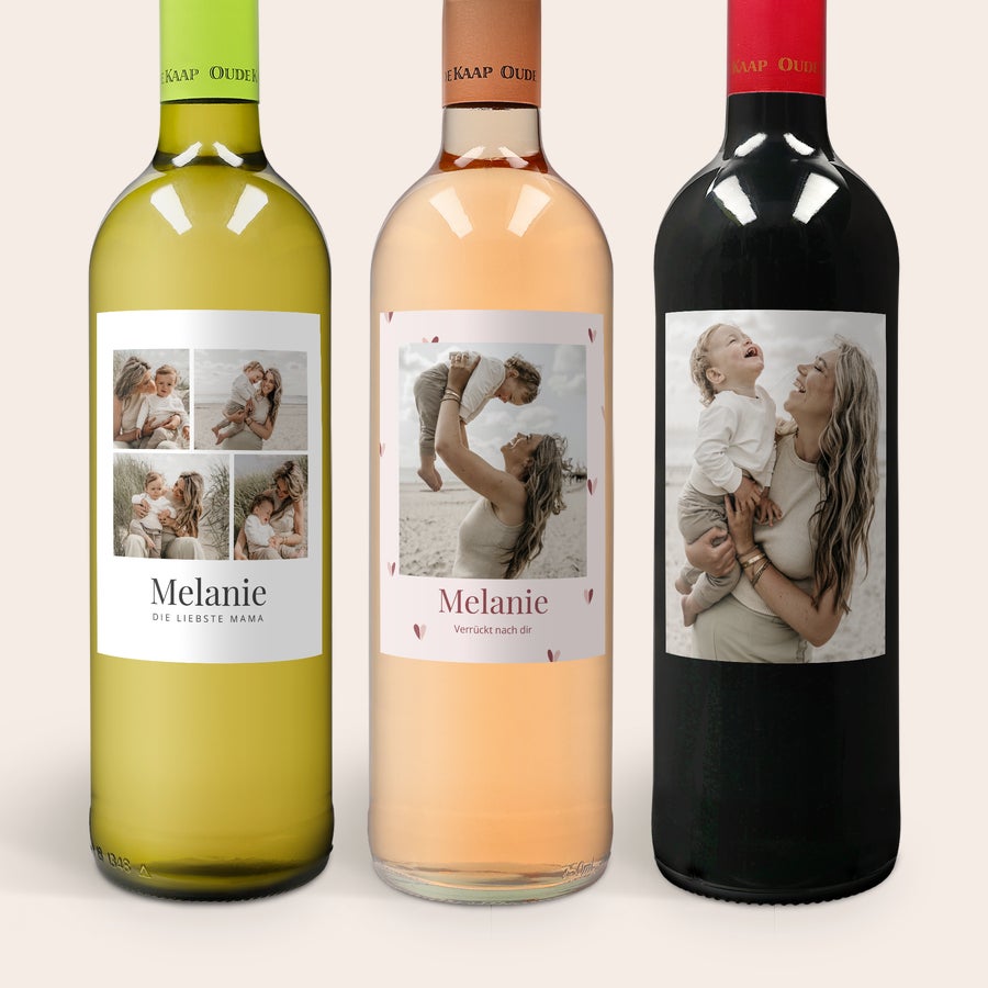 Wein  Oude Kaap Geschenkset Weinpaket Oude Kaap Rosé, Rotwein & Weißwein mit jeweils personalisiertem Etikett bedruckt mit Fotos von Melanie und ihrem Kind