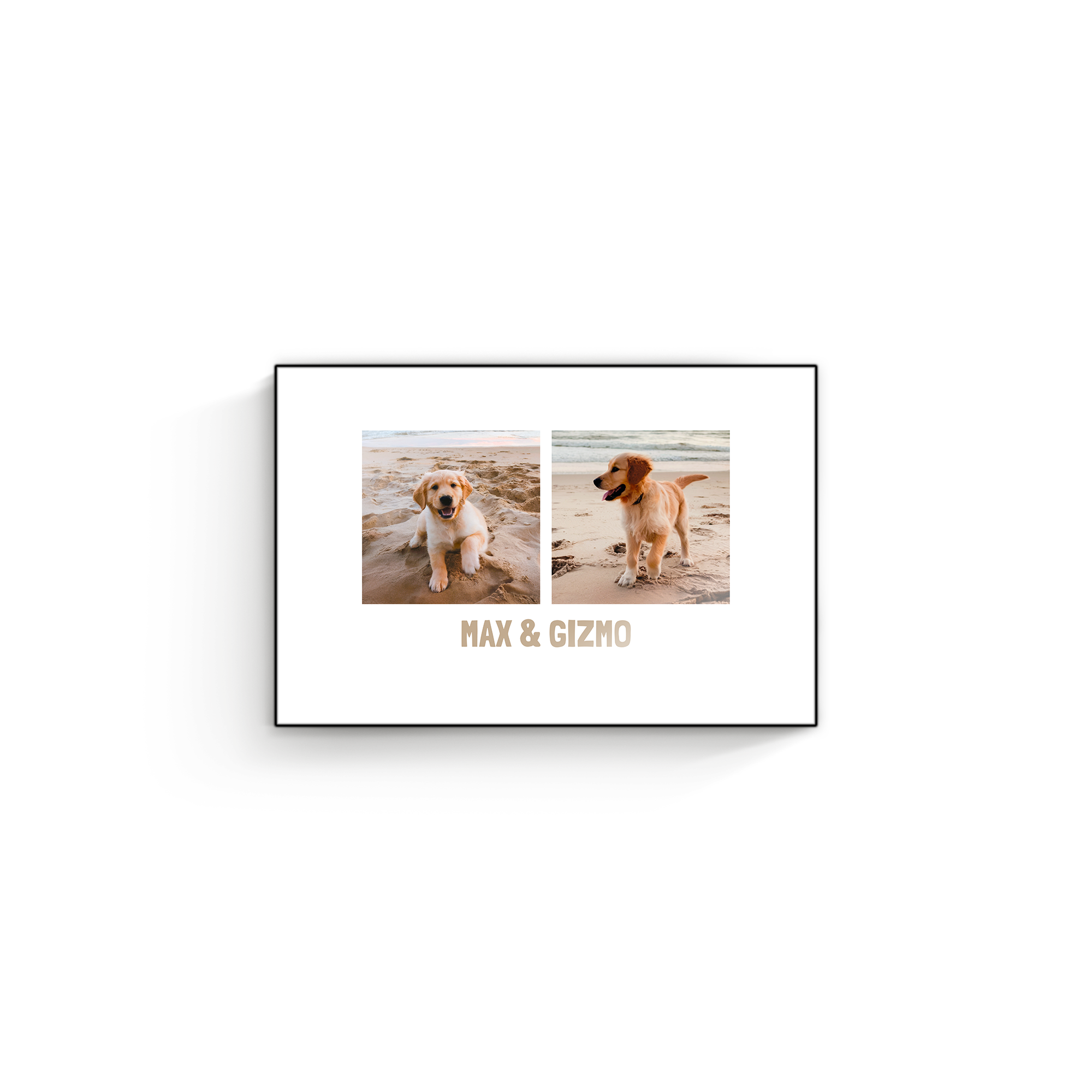Panou foto din lemn ChromaLuxe personalizat cu două fotografii cu căței și textul Max & Gizmo tipărit.