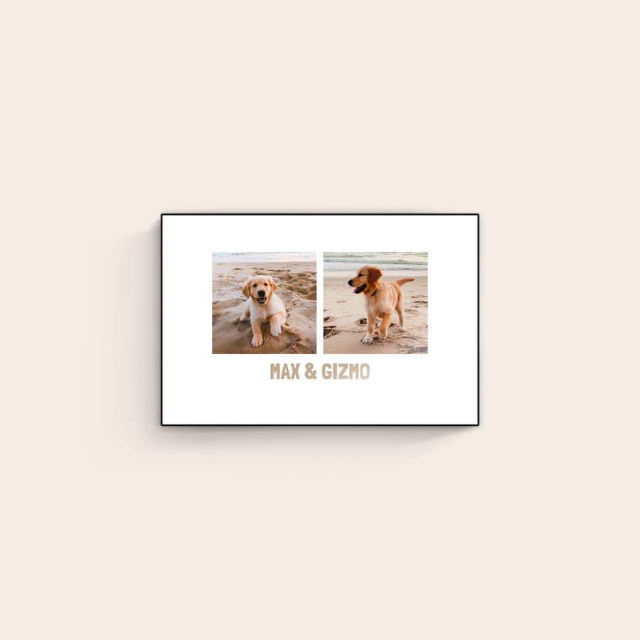 Fotografie pe lemn Panou foto din lemn ChromaLuxe personalizat cu două fotografii cu căței și textul Max & Gizmo tipărit.