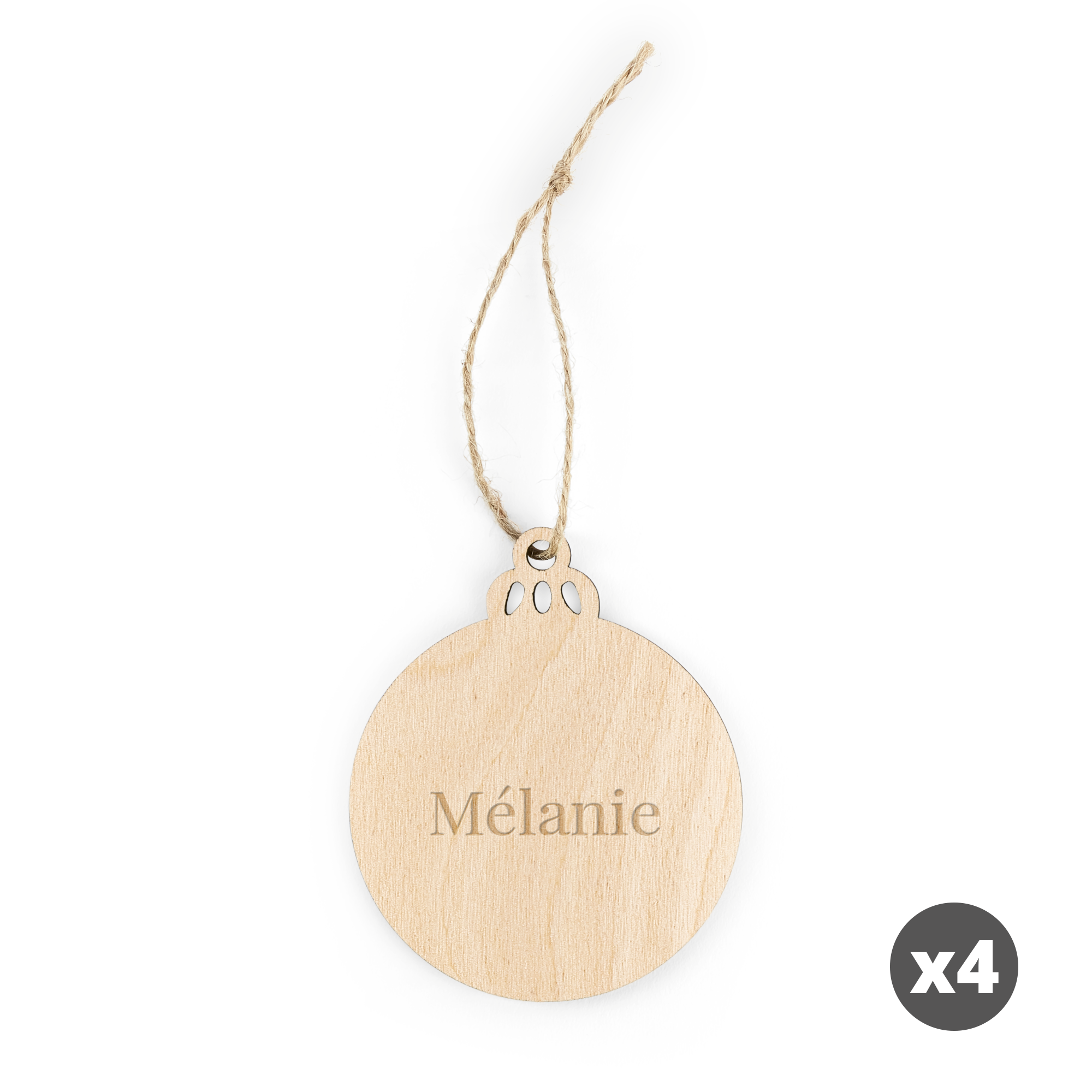 Décoration de Noël en forme de boule en bois gravée avec le prénom Mélanie