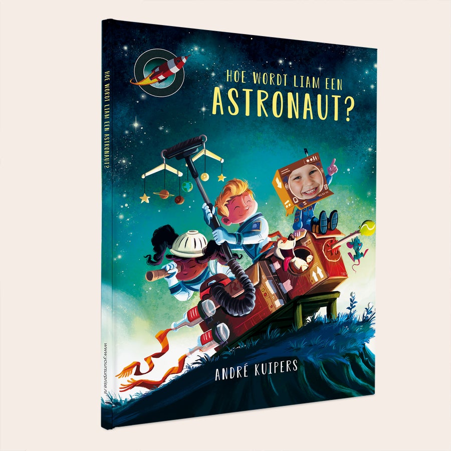 Boek "Hoe word ik astronaut?" personaliseren Boek met naam en foto – Hoe word je astronaut? – Softcover, gepersonaliseerd met naam en foto van het kind op de voorkant.