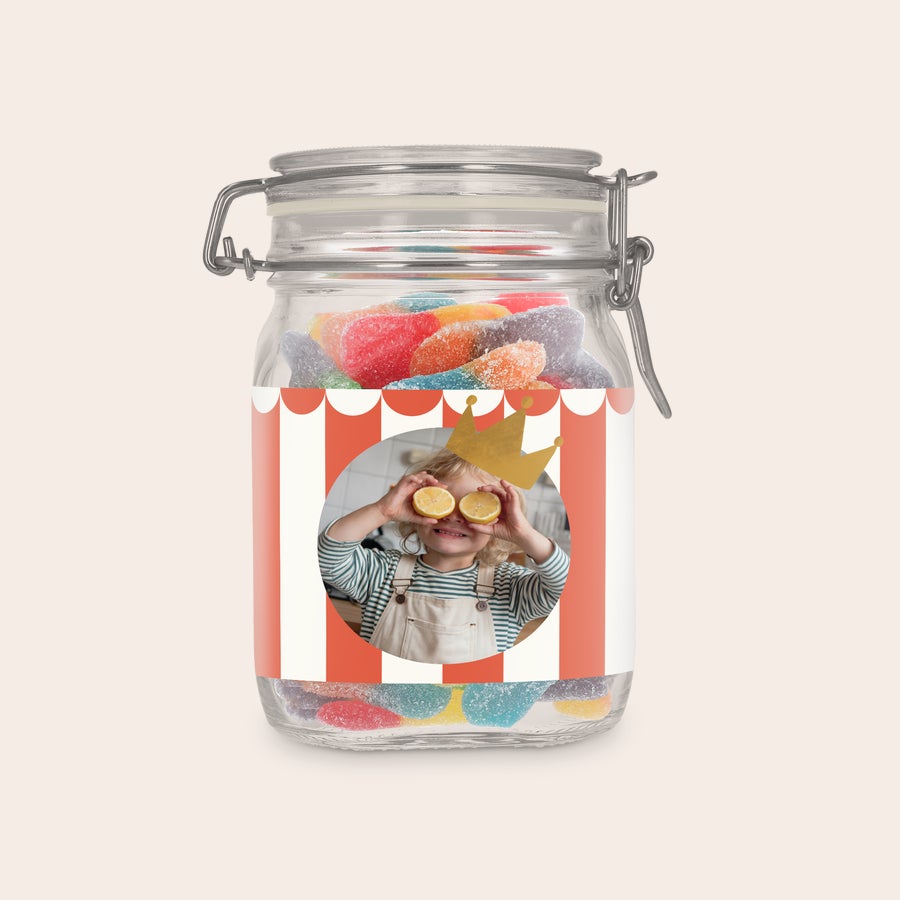 Frasco de doces personalizado Pote de Doce Personalizado com Palitos Azedos, com foto impressa de criança com coroa e limões