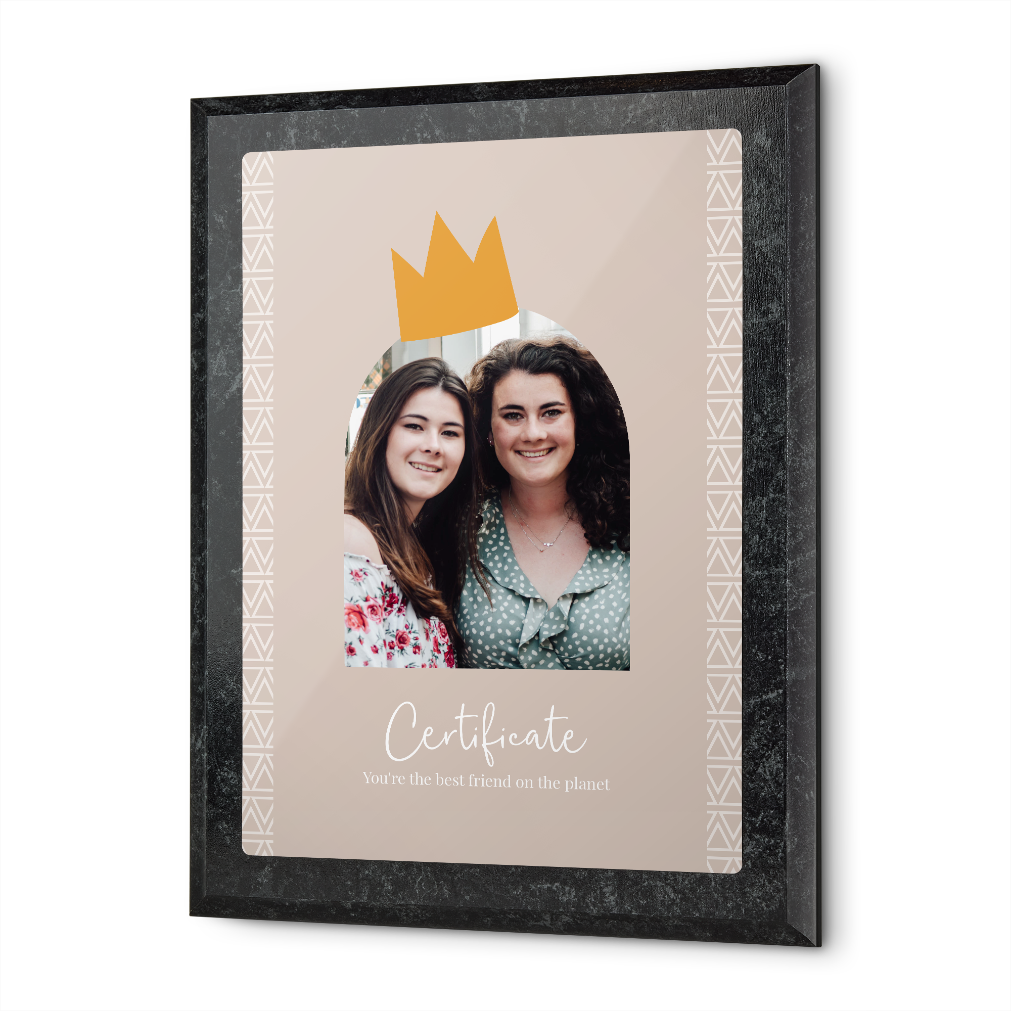 Commemorative certificate with a photo of two smiling women, printed with the text You're the best friend on the planet.