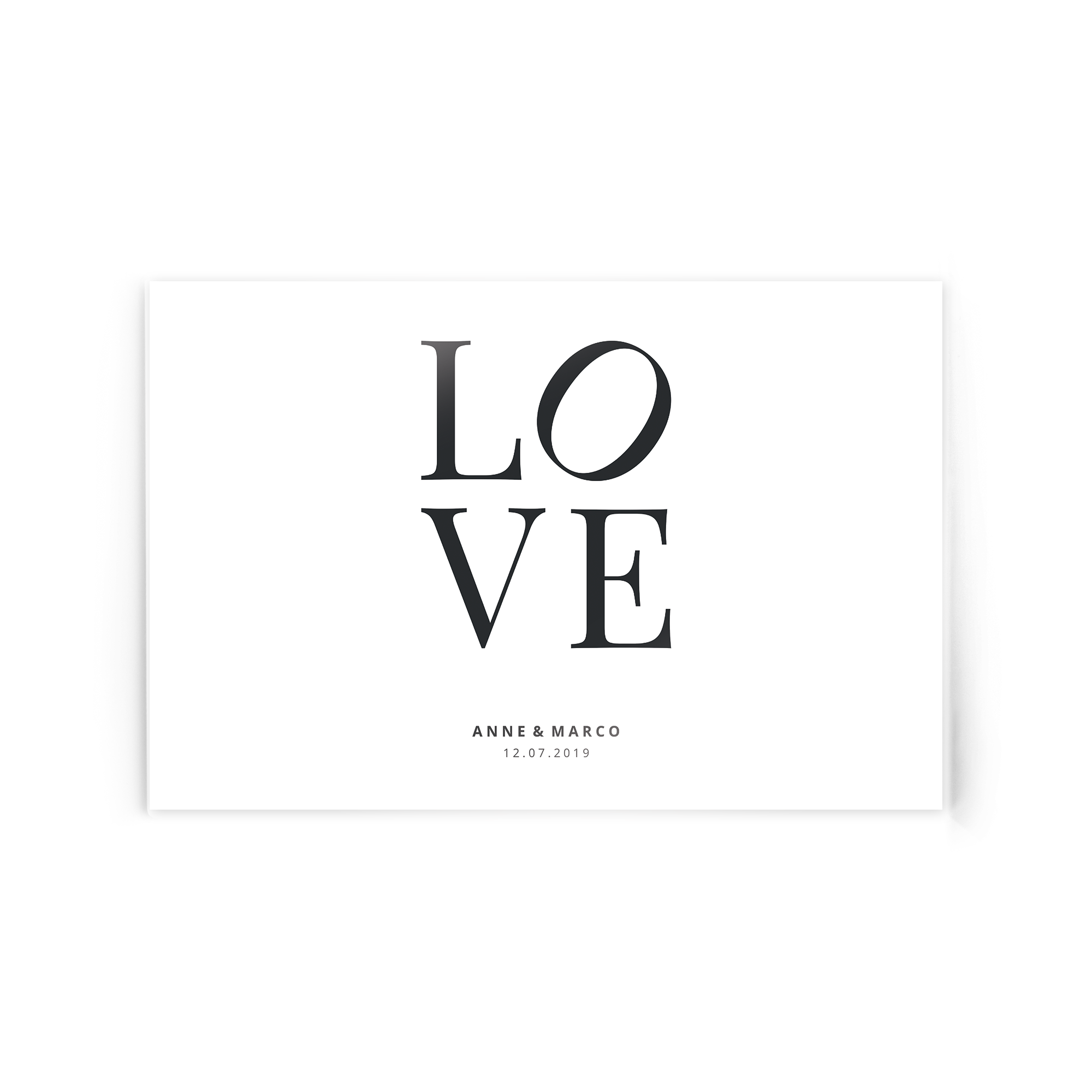 Acrylglasbild weiß mit dem Wort LOVE, personalisiert mit den Namen ANNE & MARCO und dem Datum 12.07.2019
