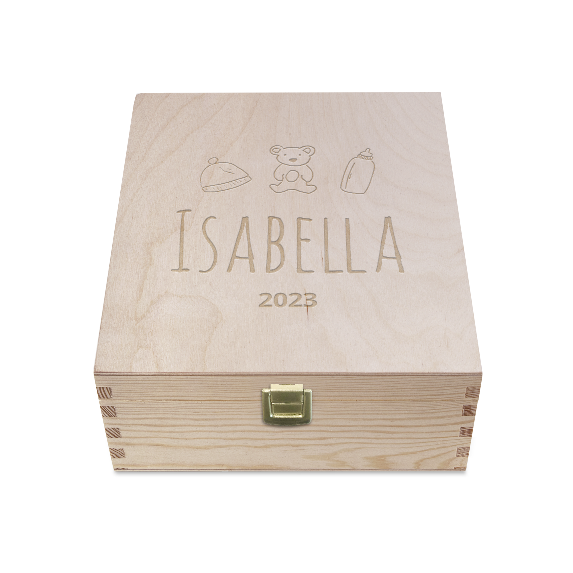 Gegraveerd houten kistje met "ISABELLA 2023", babyhoedje, teddybeer en flesje, bewaar de mooiste herinneringen in deze gegraveerde houten kistje.