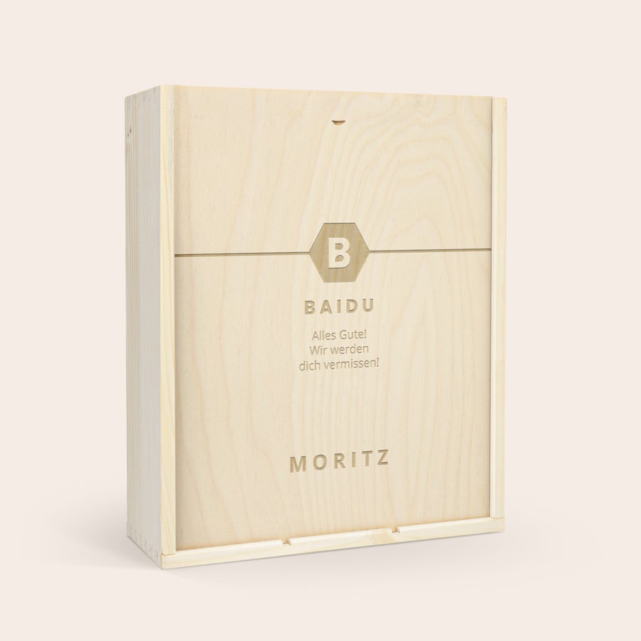 Moët & Chandon Ice Impérial Geschenkset mit Gläsern Holzkiste mit Gravur "Baidu" und "Moritz", personalisiert mit Namen und Text als Moët & Chandon Brut Champagner Geschenk