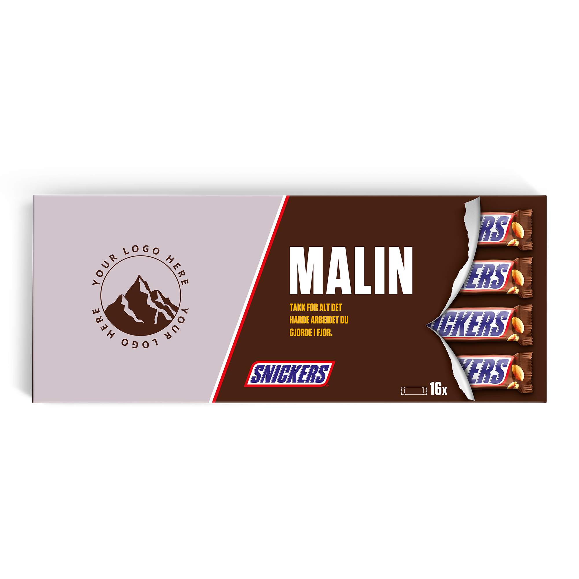 Personlig XXL Snickers-sjokolade med navn "Malin" og tekst trykt på, og 16 sjokolader vises.
