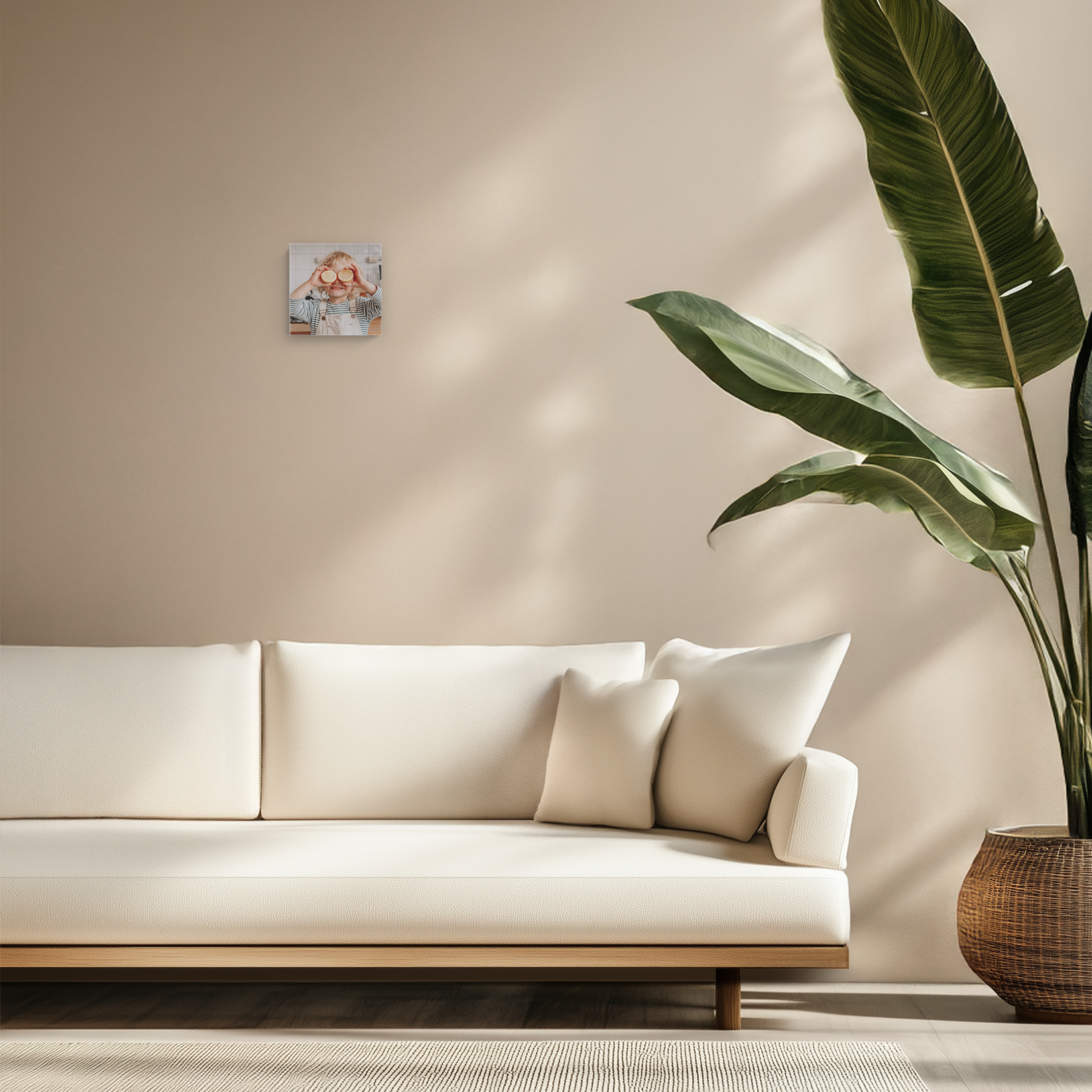 Personalized photo canvas printed with a child holding two lemons over their eyes