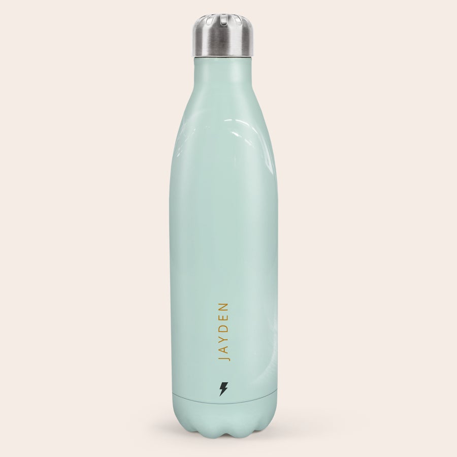 Botella de agua con foto Termo personalizado verde menta con el nombre "Jayden" y un rayo, mejora tu hidratación.
