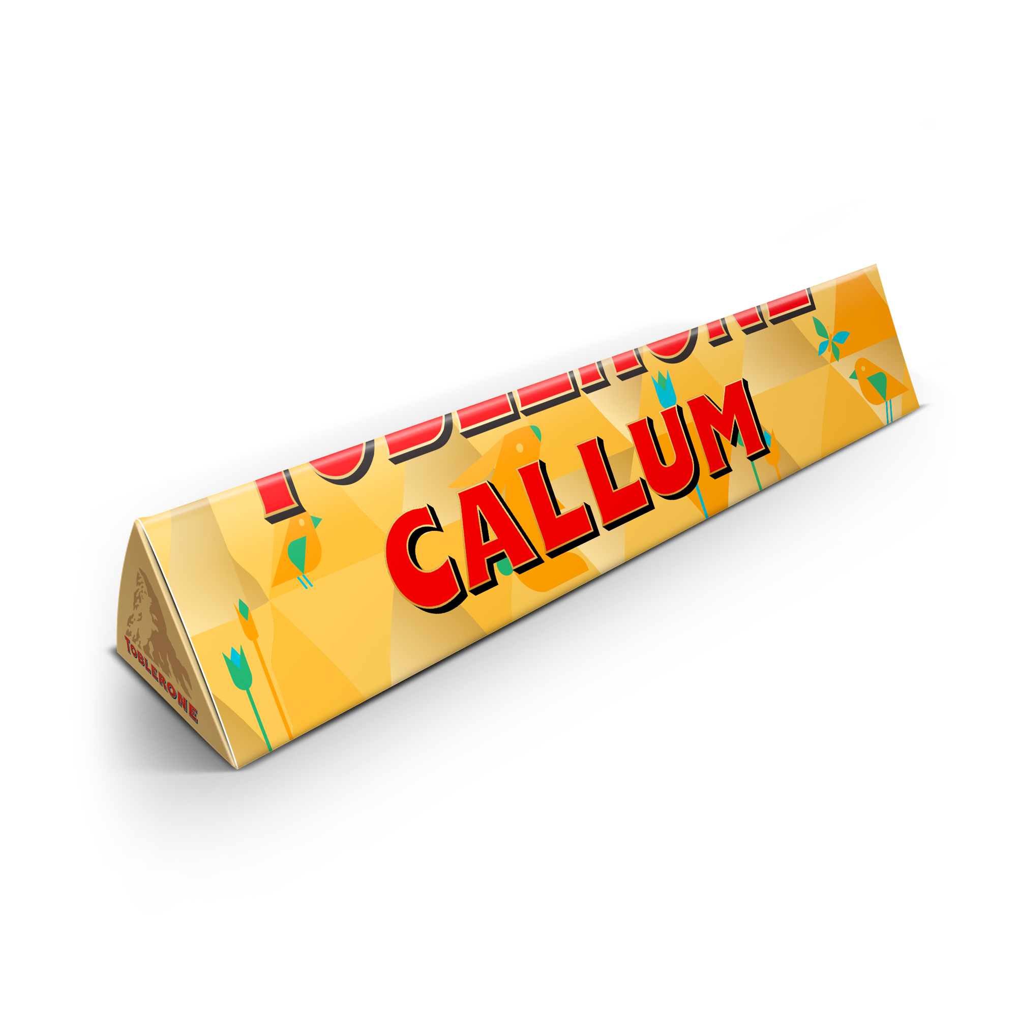 Baton de ciocolată Toblerone personalizată cu numele Calluma, tipărit pe ambalaj.